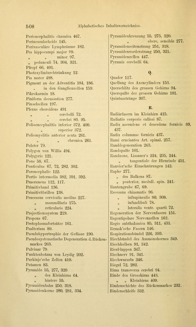 Periencephalitis clironica 4G7. Perineuralsclieide 145. Periva.sculäre Lymphräiime 182. Pes hippocampi major 99. „ „ minor 97. „ pedunculi 74, 304, 321. Pfropf 66, 401. Photoxylindurchtränkung 12. Pia mater 488. Pigment an der Adventitia 184, 186. in den Ganglienzellen 159. Pikrokarmin 18. Piniform decussation 277. Pinselzellen 197. Plexus choroideus 491. „ „ cerebelli 72. „ „ cerebri 80. 95. Polioencephalitis inferior 372, 400. „ superior 372. Poliomyelitis anterior acuta 261. „ „ chronica 261. Polster 79. Polygon von Willis 494. Polygyrie 121. Pons 58, 67. Ponticulus 67, 72, 282, 302. Porencephalie 122. Portio intermedia 382, 391, 392. Praecuneus 112, 117. Primitivband 136. Primitivfibrillen 138. Processus cervicalis medius 227. „ mammillaris 275. „ reticularis 224. Proj actio nssystem 219. Propons 67. Protoplasmafortsätze 161. Psalterium 89. Pseudohypertrophie der Gefässe 190. Pseudosystematische Degeneration d. Rücken- markes 263. Pulvinar 79. Punktsubstanz von Leydig 202. Purkinje'sche Zellen 410. Putamen 83. Pyramide 55, 277, 320. „ des Kleinhirns 64. „ hintere 55. Pyramidenbahn 250, 318. Pyramidenkerne 280, 281, 334. Pyramidenkreuzung 55, 275, 320. „ obere, sensible 277. Pyramidenseitenstrang 251, 318. Pyramidenvorderstrang 250, 321. Pyramidenzellen 447. Pyramis cerebelli 64. Q Quader 117. Quellung des Axencylinders 153. Querschlitz des grossen Gehirns 94. Querspalte des grossen Gehirns 101. Quintusstränge 307. K. Radiärfasern im Kleinhirn 415. Radiatio corporis callosi 87. Radix ascendens et descedens fornicis 89, 437. Radix coluranae fornicis 437. Rami cruciantes Art. spinal. 257. Randdegeneration 263. Randspalte 101. Randzone, Lissauer's 224, 235, 244. „ tangentiale der Hirnrinde 451. Ranvier'sche Einschnürungen 142. Raphe 277. „ des Balkens 87. „ posterior, medull. spin. 241. Rautengrube 67, 69. Recessus ehiasraatis 96. „ infrapinealis 80, 308. „ infundibuli 78. „ lateralis ventr. quarti 72. Regeneration der Nervenfasern 151. Regentipolare Nervenzellen 162. Regio subthalamica 85, 311, 431. Remak'sche Fasern 146. Respirationsbündel 226, 393. Riechbündel des Ammonshornes 349. Riechkolben 91, 342. RiecWappen 347. Riechnerv 91, 341. Riechvi^urzeln 346. Riegel 72, 282. Rima transversa cerebri 94. Rinde des Grosshirns 443. „ „ Kleinhirns 409. Rindenschichte des Rückenmarkes 232. Rindenschleife 332.