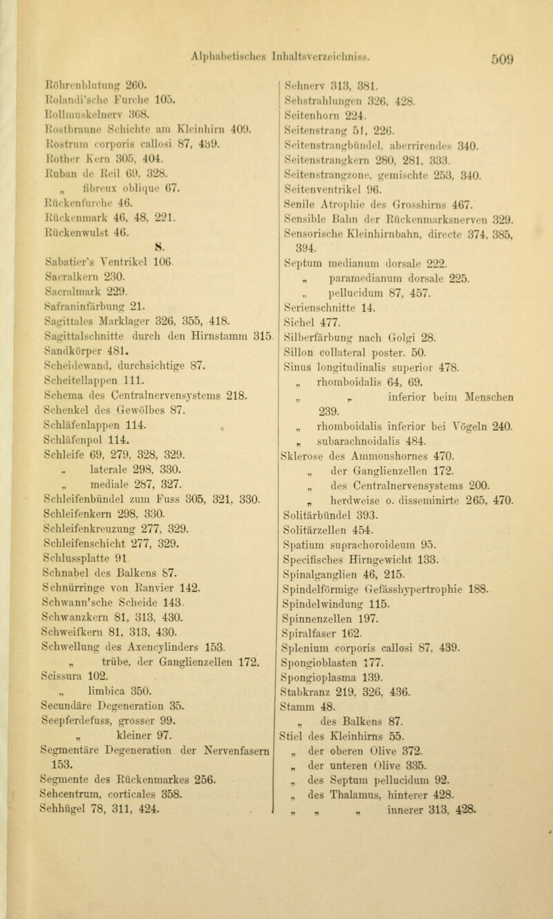 Rr.lir.nl.Iiitmifr 2C0. liuliiiitli'srlio Fuifho 105. IJollimiskohjerv Hl)8. Ifosthrauno iSi'liiclito am Klfiiiliiiii 400. IJostruni loriporis rallosi 87, i'öd. I.'otli.r K.rii ;«).'). 404. h'uban (!.' U'.'il ()!•. 328. „ Jibrou-X obliqUL' 07. Rückenriiichi' 46. K'iu-kiinnark 46, 48, 221. lüickenwulst 46. S. Sabatirr's Ventrikel 106 Öacralkorii 230. Sacralmark 229. SalVaiiinfiirbuiifj 21. Sairittalos Marklager 326, 355, 418. Saiiittalschnitte durch den Hinistamm 315 Sandkürpcr 481. Scheidewand, durchsichtige 87. Scheitellappen 111. Schema des Centralnervensystems 218. Schonkol dos Gewölbes 87. Schläi'enlappcn 114. Scliläfonpol 114. Schleife 69, 279, 328, 329. laterale 298, 330. mediale 287, 327. Schleifenbündel zum Fuss 305, 321, 330. Schleifenkern 298. 330. Schleifenkreuzung 277, 329. Schleifenschicht 277, 329. Schlussplatte 91 Schnabel des Balkens 87. Schnürringe von L'anvier 142. Schwann'sche Scheide 143. Schwanzkern 81, 313, 430. Schweifkern 81, 313, 430. Schwellung des Axencylinders 153. „ trübe, der Ganglienzellen 172, Scissura 102. limbica 350. Secundäre Degeneration 35. Seepferdefuss, grosser 99. „ kleiner 97. Segnaentäre Degeneration der Nervenfasern 153. Segmente des Eückenmarkes 256. Sehcentrum. corticales 358. Sehhügel 78, 311, 424. Sehnerv 313, 381. Sehstrahlungen 326, 428. Seiten hörn 224. S.-itenstrang 51, 226. Sciti-nstrangbiiiidel, abiTrirendes 840. Seitenstraiigk<rii 280, 281, 333. Seitenstrangzone, gemischte 253, 340. Seitenventrikel 96. Senile Atro])hie des Grosshirns 467. Sensible Bahn der Rückenmarksnerveii 329. Sensorische Kleinhirnbahn, directe 374, 385, 394. Septum medianum dorsale 222. „ paramedianum dorsale 225. pellucidum 87, 457. Serienschnitte 14. Sichel 477. Silberfärbung nach Golgi 28. Sillon coUateral poster. 50. Sinus longitudinalis superior 478. „ rhomboidalis 64, 69. „ r inferior beim Menschen 239. „ rhomboidalis inferior bei Vögeln 240. „ subarachnoidalis 484. Sklero.^^e des Ammonshornes 470. „ der Ganglienzellen 172. „ des Centralnervensystems 200. „ herdweise o. disseminirte 265, 470. Solitärbündel 393. Solitärzellen 454. Spatium suprachoroideum 95. Specifisches Hirngewicht 133. Spinalganglien 46, 215. Spindelförmige Gefässhypertrophie 188. Spindelwindung 115. Spinnenzellen 197. Spiralfaser 162. Splenium corporis callosi 87. 439. Spongioblasten 177. Spongioplasma 139. Stabkranz 219. 326, 436. Stamm 48. „ des Balkens 87. Stiel des Kleinhirns 55. „ der oberen Olive 372. „ der unteren Olive 335. „ des Septum pellucidum 92. „ des Thalamus, hinterer 428. „ „ n innerer 313. 428.