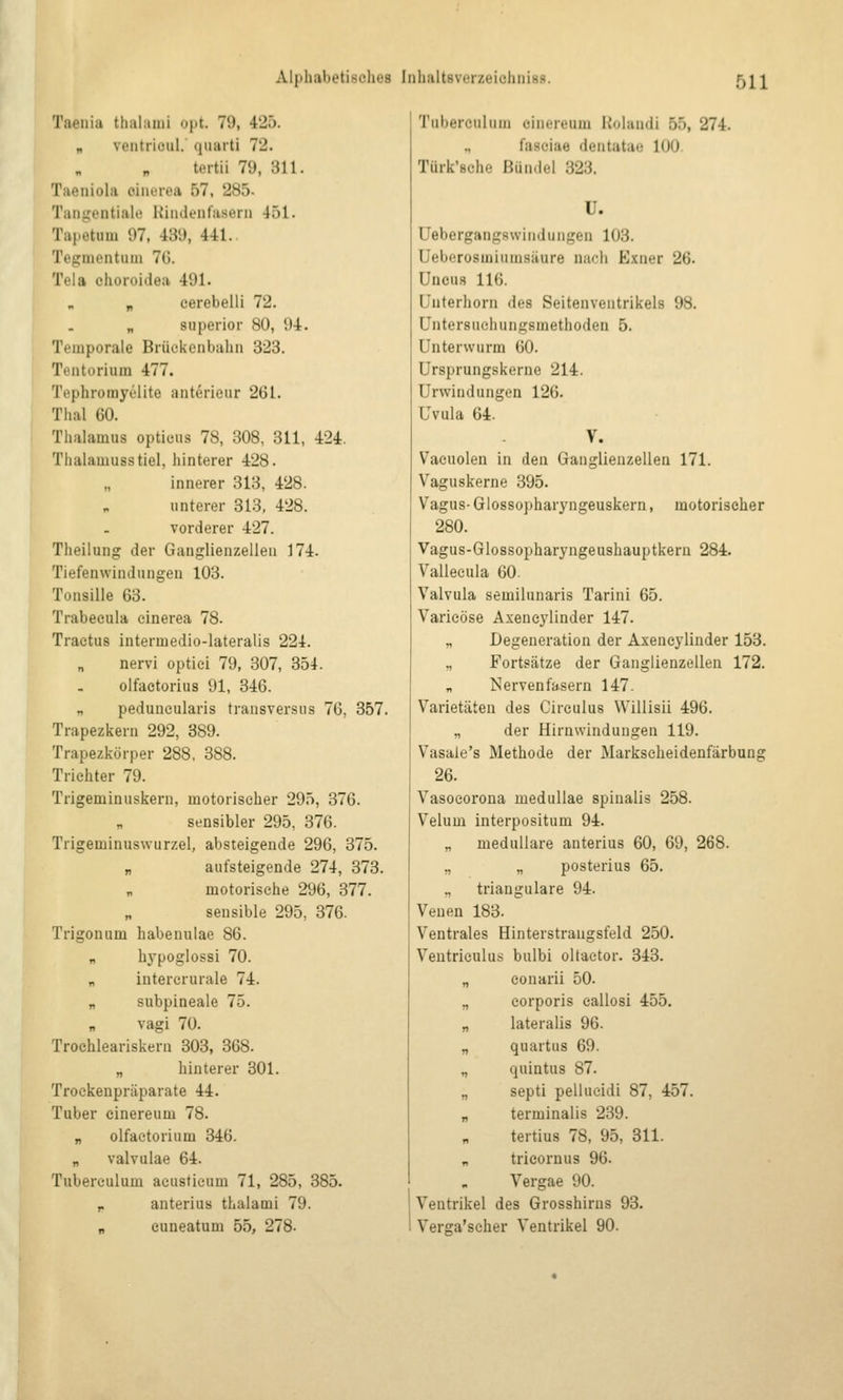 Taeiiia thalauii opt. 79, 425. „ veiitriciil. qiiarti 72. tertii 79, 311. Taeniola cinerea 57, 285- Tangentiale Hindenfasern 451. Tapetum 97, 439, 441. Tegmentum 7G. Tela choroidea 491. cerebelli 72. „ superior 80, 94. Temporale Brückenbahn 323. Tentorium 477. Tephromyelite anterieur 261. Thal 60. Thalamus opticus 78, 308, 311, 424. Thalamusstiel, hinterer 428. innerer 313, 428. unterer 813, 428. vorderer 427. Theilung der Ganglienzellen 174. Tiefenwindungen 103. Tonsille 63. Trabecula cinerea 78. Tractus intermedio-lateralis 224. nervi optici 79, 307, 354. olfaetorius 91, 346. ., peduncularis trausversus 76, 357. Trapezkern 292, 389. Trapezkörper 288, 388. Trichter 79. Trigeminuskern, motorischer 295, 376. sensibler 295, 376. Trigeminuswurzel, absteigende 296, 375. „ aufsteigende 274, 373. motorische 296, 377. sensible 295, 376. Trigonum habenulae 86. „ hypoglossi 70. „ intererurale 74. „ subpineale 75. Vagi 70. Trochleariskern 303, 368. „ hinterer 301. Trockenpräparate 44. Tuber cinereum 78. „ olfactorium 346. „ valvulae 64. Tubereulum acusticum 71, 285, 385. p anterius thalami 79. „ euneatum 55, 278. Tubereulum cinereum Kohindi 55, 274. faseiae dentatae 100. Türk'sche Bündel 323. U. Uebergang.'^winduiigen 103. Ueberosmiumsiiure nach E.xuer 26. Uncus 116. ünterhorn des Seitenventrikels 98. Untersuchungsmethoden 5. Unterwurm 60. Ursprungskerne 214. Urwindungen 126. Uvula 64. V. Vacuoleu in den Ganglienzellen 171. Vaguskerne 395. Vagus- Glossopharyngeuskern, motorischer 280. Vagus-Glossopharyngeushauptkera 284. Valleeula 60. Valvula semilunaris Tarini 65. Varicöse Axeneylinder 147. „ Degeneration der Axeneylinder 153. „ Fortsätze der Ganglienzellen 172. „ Nervenfasern 147. Varietäten des Circulus Willisü 496. „ der Hirnwindungen 119. Vasale's Methode der Markscheidenfärbung 26. Vasoeorona medullae spinalis 258. Velum interpositum 94. „ medulläre anterius 60, 69, 268. „ „ posterius 65. ., trianguläre 94. Venen 183. Ventrales Hinterstraugsfeld 250. Veutriculus bulbi oUactor. 343. „ conarii 50. „ corporis callosi 455. „ lateralis 96. „ quartus 69. „ quintus 87. „ septi pellueidi 87, 457. „ terminalis 239. tertius 78, 95, 311. tricornus 96. Vergae 90. Ventrikel des Grosshirus 93. Verga'scher Ventrikel 90.