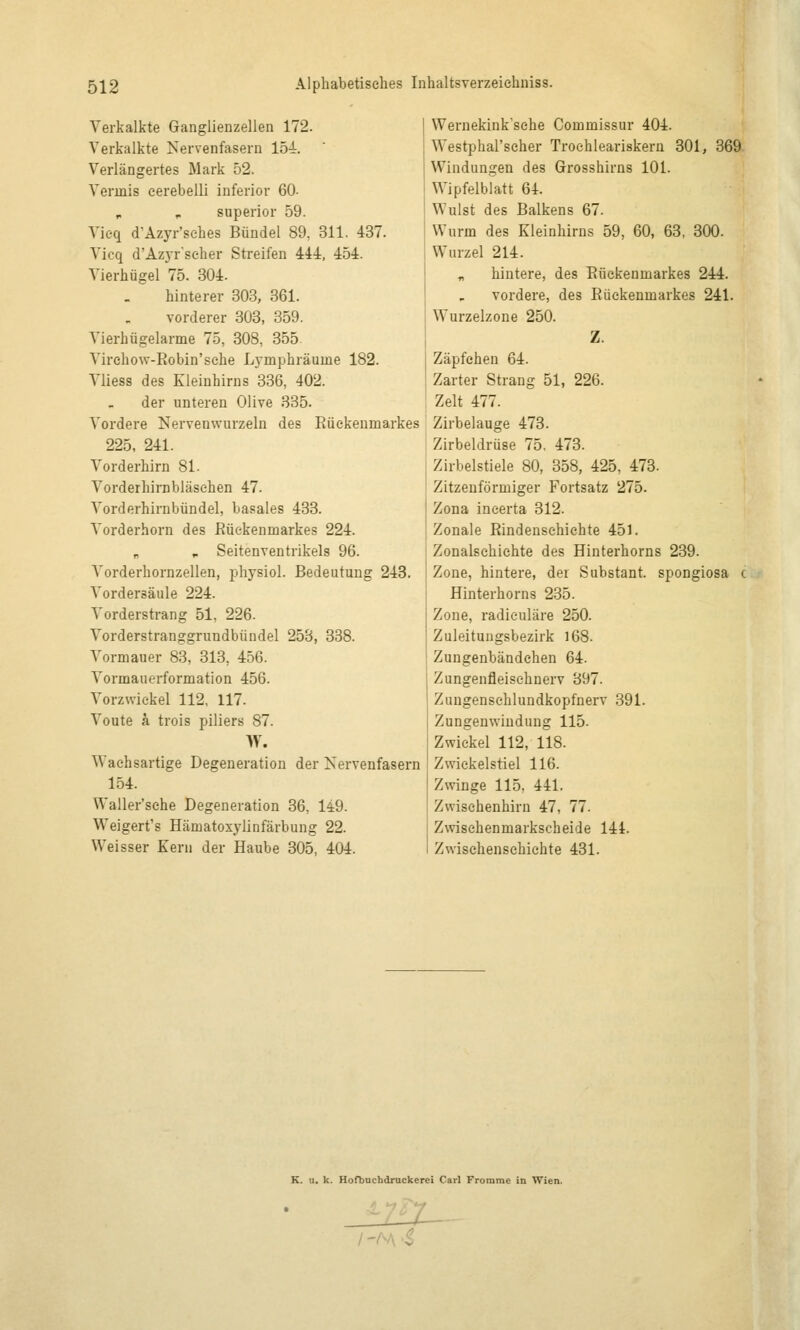 Verkalkte Ganglienzellen 172. Verkalkte Nervenfasern 15i. Verlängertes Mark 52. Vermis eerebelli inferior 60- „ ^ superior 59. Vieq d'Azyr'sehes Bündel 89, 311. 437. Vicq d'Azyr'seher Streifen 444, 454. Vierhügel 75. 304. hinterer 308, 361. vorderer 303, 359. Vierhügelarme 75, 308, 355 Virehow-Eobin'sehe Lymphräume 182. Vliess des Kleinhirns 336, 402. der unteren Olive 335. Vordere Nervenwurzeln des Eüekenmarkes 225, 241. Vorderhirn 81. Vorderhirnbläschen 47. Vorderhirnbündel, basales 433. Vorderhorn des Bückenmarkes 224. „ „ Seitenventrikels 96. Vorderhornzellen, physiol. Bedeutung 243. Vordersäule 224. Vorderstrang 51, 226. Vorderstranggrundbündel 253, 338. Vormauer 83, 313, 456. Vormauerformation 456. Vorzwiekel 112, 117. Voute a trois piliers 87. W. Waehsartige Degeneration der Nervenfasern 154. Waller'sehe Degeneration 36, 149. Weigert's Hämatoxylinfärbuug 22. Weisser Kern der Haube 305, 404. Wernekink'sehe Commissur 404. Westphal'scher Troehleariskern 301, 369 Windungen des Grosshirns 101. Wipfelblatt 64. Wulst des Balkens 67. Wurm des Kleinhirns 59, 60, 63, 300. Wurzel 214. „ hintere, des Eüekenmarkes 244. vordere, des Eüekenmarkes 241. Wurzelzone 250. Z. Zäpfchen 64. Zarter Strang 51, 226. Zelt 477. Zirbelauge 473. Zirbeldrüse 75, 473. Zirbelstiele 80, 358, 425, 473. Zitzeuförmiger Fortsatz 275. Zona incerta 312. Zonale Eindensehichte 451. Zonalschiehte des Hinterhorns 239. Zone, hintere, der Substant. spongiosa c Hinterhorns 235. Zone, radieuläre 250. Zuleitungsbezirk 168. Zungenbändehen 64. Zungenfleisehnerv 897. Zungensehlundkopfnerv 391. Zungenwindung 115. Zwickel 112, 118. Zwiekelstiel 116. Zwinge 115, 441. Zwischenhirn 47, 77. Zwisehenmarkscheide 144. Zwischenschiehte 431. K. u. k. Hofbuchdruckerei Carl Fromme in Wien. /-^A'^