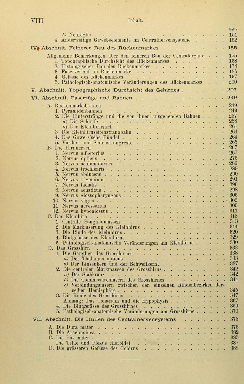 Seite b) Neuroglia 151 4. Anderweitige Gewebselernente im Centralnervensystenie 152 IV|- Abschnit. Feinerer Bau des Rückenmarkes 155 Allgemeine Bemerkungen über den feineren Bau der Centralorgane . . . 155 1. Topographische Durchsieht des Büekenmarkes ; . . . . . . 168 2. Histologischer Bau des Bückenmarkes 178 3. Faserverlauf im Büekenmarke 185 4. Gefässe des Bückenmarkes 197 5. Fathologiseh-anatomische Veränderungen des Bückenmarkes . . . 200 V. Abschnitt, Topographische Durchsicht des Gehirnes 207 VI, Abschnitt. Faserzüge und Bahnen 249 • A. Büekenmarksbahnen 249 1. Fyramidenbahnen 249 2. Die Hinterstränge und die von ihnen ausgehenden Bahnen . . - . 257 a) Die Schleife 258 6) Der Kleinhirnstiel 261 3 Die Kleinhirnseitenstrangbahn ^64 4. Das Gowers'sche Bündel 264 5. Vorder- und Seitenstrangreste 265 B. Die Hirnnerven ' . 267 1. Nervus olfactorins 267 2. Nervus opticus 276 3. Nervus oculomotorins 286 4. Nervus trochlearis 289 5. Nervus abducens 290 6. Nervus trigeminus . . . 291 7. Nervus facialis . • 296 8. Nervus aeustieus '. . . 298 9. Nervus glossopharyngeus 306 10. Nervus vagus 309 11. Nervus aceessorius 309 12. Nervus hypoglossus , 311 C. Das Kleinhirn 313 1. Centrale Ganglienmassen 313 2. Die Markfaserung des Kleinhirns 314 3. Die Binde des Kleinhirns 320 4- Blutgefässe des Kleinhirns 329 5. Bathologiseh-anatomische Veränderungen am Kleinhirne 330 D. Das Grosshirn 332 1. Die Ganglien des Grosshirnes 333 a) Der Thalamus opticus 333 b) Der Linsenkern und der Sehweifkern 337 2. Die centralen Markmassen des Grosshirns 342 a) Der Stabkranz 342 b) Die Commissurenfasern des Grosshirnes 344 c) Verbindungsfasern zwischen den einzelnen Bindenbezirken der- selben Hemisphäre 345 3. Die Binde des Grosshirns 347 Anhang: Das Conarium und die Hypophysis . 367 4. Die Blutgefässe des Grosshirnes 3ti9 5. Fathologiseh-anatomische Veränderungen am Grosshirne 370 VII, Abschnitt. Die Hüllen des Centralnervensystems 375 A. Die Dura mater 376 B. Die Araehnoidca 382 C. Die Pia mater 385 Die Telae und Plexus choroidei 387 D. Die grösseren Gefässe des Gehirns 388