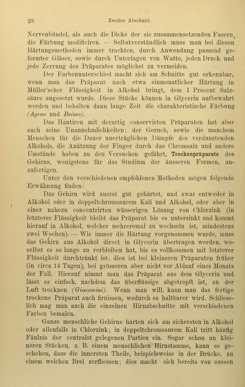 Nervenbündel, als auch die Dicke der sie zusammensetzenden Fasern die Färbung modificiren. — Selbstverständlich, muss man bei diesen Härtungsmethoden immer trachten, durch Anwendung passend ge- formter Gläser, sowie durch Unterlagen von Watte, jeden Druck und jede Zerrung des Präparates möglichst zu vermeiden. Der Farbenunterschied macht sich am Schnitte gut erkennbar, wenn man das Präparat nach etwa einmonatlicher Härtung in Müller'scher Flüssigkeit in Alkohol bringt, dem 1 Procent Salz- säure zugesetzt wurde. Diese Stücke können in G-lycerin aufbewahrt werden und behalten dann lange Zeit die charakteristische Färbung (Ageno und Beisso). Das Hantiren mit derartig conservirten Präparaten hat aber auch seine Unannehmlichkeiten; der Geruch, sowie die manchem Menschen für die Dauer unerträglichen Dämpfe des verdunstenden Alkohols, die Anätzung der Finger durch das Chromsalz und andere Umstände haben zu den Versuchen geführt, Trockenpräparate des Gehirns, wenigstens für das Studium der äusseren Formen, an- zufertigen. Unter den verschiedenen empfohlenen Methoden mögen folgende Erwähnung finden: Das Gehirn wird zuerst gut gehärtet, und zwar entweder in Alkohol oder in doppeltchromsaurem Kali und Alkohol, oder aber in einer nahezu concentrirten wässerigen Lösung von Chlorzink (in letzterer Flüssigkeit bleibt das Präparat bis es untersinkt und kommt hierauf in Alkohol, welcher mehreremal zu wechseln ist, mindestens zwei Wochen). — Wie immer die Härtung vorgenommen wurde, muss das Gehirn aus Alkohol direct in Glycerin übertragen werden, wo- selbst es so lange zu verbleiben hat, bis es vollkommen mit letzterer Flüssigkeit durchtränkt ist; dies ist bei kleineren Präparaten früher (in circa 14 Tagen), bei grösseren aber nicht vor Ablauf eines Monats der Fall. Hierauf nimmt man das Präparat aus dem Glycerin und lässt es einfach, nachdem das überflüssige abgetropft ist, an der Luft trocknen (Giacomini). Wenn man will, kann man das fertige trockene Präparat auch firnissen, wodurch es haltbarer wird. Schliess- lich mag man auch die einzelnen Hirnabschnitte mit verschiedenen Farben bemalen. Ganze menschliche Gehirne härten sich am sichersten in Alkohol oder allenfalls in Chlorzink; in doppeltchromsaurem Kali tritt häufig Fäulnis der centralst gelegenen Partien ein. Sogar schon an klei- neren Stücken, z. B. einem menschlichen Hirnstamme, kann es ge- schehen, dass die innersten Theile, beispielsweise in der Brücke, zu einem weichen Brei zerfliessen; dies macht sich bereits von aussen