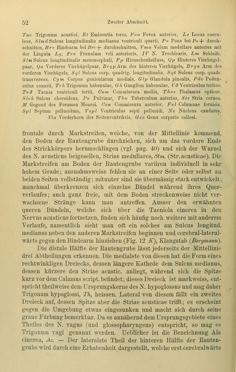 Tac Trigonum aeustiei, Et Emiaentia teres, Foa Fovea anterior, Lc Locus eoeru- leus, SZmcZ Sulcus longitudinalis medianus ventrieuli quarti, Po Pons bei Po -\- durch- sclmitten, Brc Bindearm beißrc-j- durchschnitten, Vma Veluni medulläre anterius mit der Lingula Lg, Frv Frenulum veli anterioris, IV K Trochlearis, Lm Schleife, SZm Sulcus longitudinalis niesencephali, Pp Hirnsehenkelfuss, Qp Hinteres Vierhügel- paar, Qa Vorderes Vierhügelpaar, Brqp Arm des hinteren Vierhügels, Brqa Arm des vorderen Vierhügels, Sql Sulcus eorp. quadrig. longitudinalis, Sqt Sulcus corp. quadr. transversus, Cgm Corpus geniculatum mediale, Glp Glandula pinealis, Pole Pedun- eulus eonarii, Trh Trigonum habenulae, Gh Ganglion habenulae, V3 Ventriculus tertius, Tv3 Taenia ventrieuli tertii, Com Commissura mollis, Thos Thalamus opticus, Sich Sulcus choroideus, Pu Pulvinar, Tba Tuberculum anterius, Stc Stria Cornea, M Gegend des Foramen Monroi. Ooa Commissura anterior, Fcl Columnae fornicis, Spl Septum pellueidum, Vspl Ventriculus septi pellucidi, Nc Nüeleus caudatus, Via Vorderhorn des Seitenventrikels, Gcc Genu corporis eallosi. frontale durch Markstreifen, welche, von der Mittellinie kommend, den Boden der Rautengrube durchziehen, sich um das vordere Ende des Strickkörpers herum schlingen (vgl. pag. 40) und sich der Wurzel des N. acusticus beigesellen, Striae medulläres, Stm. (Str. acusticae). Die Markstreifen am Boden der Rautengrube variiren individuell in sehr hohem Grade; ausnahmsweise fehlen sie an einer Seite oder selbst an beiden Seiten vollständig; mitunter sind sie übermässig stark entwickelt; manchmal überkreuzen sich einzelne Bündel während ihres Quer- verlaufes; auch ganz freie, mit dem Boden streckenweise nicht ver- wachsene Stränge kann man antreffen. Ausser den erwähnten queren Bündeln, welche sich über die Taeniola cinerea in den Nervus acusticus fortsetzen, finden sich häufig noch weitere mit anderem Verlaufe, namentlich sieht man oft ein solches am Sulcus longitud. medianus neben den anderen Markstreifen beginnen und cerebral-lateral- wärts gegen den Bindearm hinziehen (Fig. 12 K), Klangstab (Bergmann). Die distale Hälfte der Rautengrube lässt jederseits der Mittellinie drei Abtheilungen erkennen. Die medialste von diesen hat die Form eines rechtwinkligen Dreiecks, dessen längere Kathede dem Sulcus medianus, dessen kürzere den Striae acustic. anliegt, während sich die Spitze kurz vor dem Calamus Script, befindet; dieses Dreieck ist markweiss, ent- spricht theilweise dem Ursprungskerne des N. hypoglossus und mag daher Trigonum hypoglossi, Th, heissen. Lateral von diesem fällt ein zweites Dreieck auf, dessen Spitze aber die Striae acusticae trifft; es erscheint gegen die Umgebung etwas eingesunken und macht sich durch seine graue Färbung bemerkbar. Da es annähernd dem Ursprungsgebiete eines Theiles des N. vagus (und glossopharyngeus) entspricht, so mag es Trigonum vagi genannt werden. Ueblicher ist die Bezeichnung Ala cinerea, Ac. — Der lateralste Theil der hinteren Hälfte der Rauten- grube wird durch eine Erhabenheit dargestellt, welche erst cerebralwärts