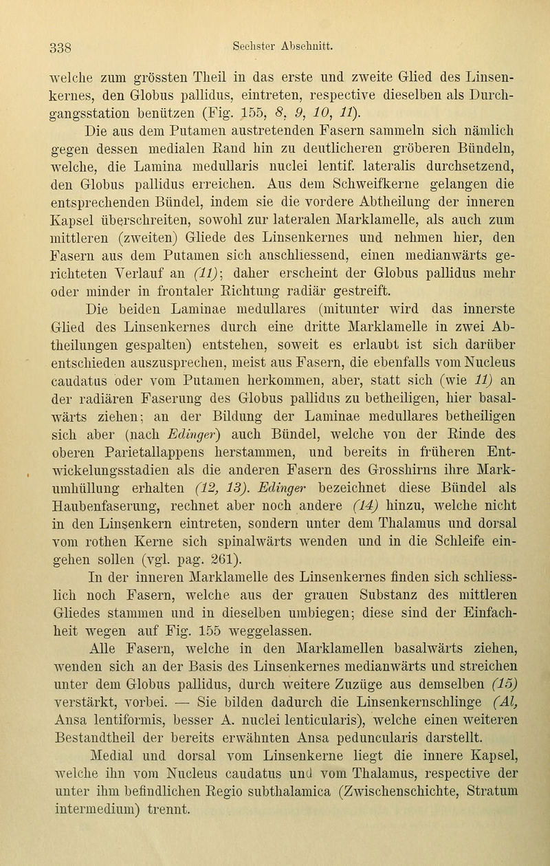 welche zum grössten Theil in das erste und zweite Glied des Linsen- kernes, den Globus pallidus, eintreten, respective dieselben als Durch- gangsstation benützen (Fig. 155, 8, 9, 10, IT). Die aus dem Putamen austretenden Fasern sammeln sich nämlich gegen dessen medialen Rand hin zu deutlicheren gröberen Bündeln, welche, die Lamina medullaris nuclei lentif. lateralis durchsetzend, den Globus pallidus erreichen. Aus dem Schweifkerne gelangen die entsprechenden Bündel, indem sie die vordere Abtheilung der inneren Kapsel überschreiten, sowohl zur lateralen Marklamelle, als auch zum mittleren (zweiten) Gliede des Linsenkernes und nehmen hier, den Fasern aus dein Putamen sich anschliessend, einen medianwärts ge- richteten Verlauf an (11) \ daher erscheint der Globus pallidus mehr oder minder in frontaler Richtung radiär gestreift. Die beiden Laminae medulläres (mitunter wird das innerste Glied des Linsenkernes durch eine dritte Marklamelle in zwei Ab- theilungen gespalten) entstehen, soweit es erlaubt ist sich darüber entschieden auszusprechen, meist aus Fasern, die ebenfalls vom Nucleus caudatus oder vom Putamen herkommen, aber, statt sich (wie 11) an der radiären Faserung des Globus pallidus zu betheiligen, hier basal- wärts ziehen; an der Bildung der Laminae medulläres betheiligen sich aber (nach Edinger) auch Bündel, welche von der Rinde des oberen Parietallappens herstammen, und bereits in früheren Ent- wickelungsstadien als die anderen Fasern des Grosshirns ihre Mark- umhüllung erhalten (12, 13). Edinger bezeichnet diese Bündel als Haubenfaserung, rechnet aber noch andere (14) hinzu, welche nicht in den Linsenkern eintreten, sondern unter dem Thalamus und dorsal vom rothen Kerne sich spinalwärts wenden und in die Schleife ein- gehen sollen (vgl. pag. 261). In der inneren Marklamelle des Linsenkernes finden sich schliess- lich noch Fasern, welche aus der grauen Substanz des mittleren Gliedes stammen und in dieselben umbiegen; diese sind der Einfach- heit wegen auf Fig. 155 weggelassen. Alle Fasern, welche in den Marklamellen basalwärts ziehen, wenden sich an der Basis des Linsenkernes medianwärts und streichen unter dem Globus pallidus, durch weitere Zuzüge aus demselben (15) verstärkt, vorbei. — Sie bilden dadurch die Linsenkernschlinge (AI, Ansa lentiformis, besser A. nuclei lenticularis), welche einen weiteren Bestandtheil der bereits erwähnten Ansa peduncularis darstellt. Medial und dorsal vom Linsenkerne liegt die innere Kapsel, welche ihn vom Nucleus caudatus und vom Thalamus, respective der unter ihm befindlichen Regio subthalamica (Zwischenschichte, Stratum intermedium) trennt.