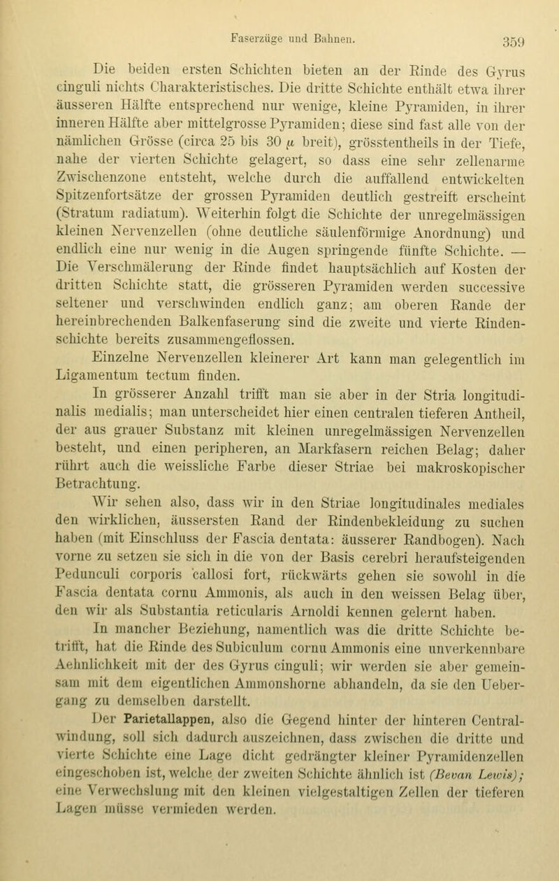 Die beiden ersten Schichten bieten an der Rinde des G3TUS cinguli nichts Charakteristisches. Die dritte Schichte enthält etwa ihrer äusseren Hälfte entsprechend nur wenige, kleine Pyramiden, in ihrer inneren Hälfte aber mittelgrosse Pyramiden; diese sind fast alle von der nämlichen Grösse (circa 25 bis 30 (i breit), grösstenteils in der Tiefe, nahe der vierten Schichte gelagert, so dass eine sehr zellenarme Zwischenzone entsteht, welche durch die auffallend, entwickelten Spitzenfortsätze der grossen Pyramiden deutlich gestreift erscheint (Stratum radiatum). Weiterhin folgt die Schichte der unregelmässigen kleinen Nervenzellen (ohne deutliche säulenförmige Anordnung) und endlich eine nur wenig in die Augen springende fünfte Schichte. — Die Yerschmälerung der Rinde findet hauptsächlich auf Kosten der dritten Schichte statt, die grösseren Pyramiden werden successive seltener und verschwinden endlich ganz; am oberen Rande der hereinbrechenden Balkenfaserung sind die zweite und vierte Rinden- schichte bereits zusammengeflossen. Einzelne Nervenzellen kleinerer Art kann man gelegentlich im Ligamentum tectum finden. In grösserer Anzahl trifft man sie aber in der Stria longitudi- nalis medialis; man unterscheidet hier einen centralen tieferen Antheil, der aus grauer Substanz mit kleinen unregelmässigen Nervenzellen besteht, und einen peripheren, an Markfasern reichen Belag; daher rührt auch die weissliche Farbe dieser Striae bei makroskopischer Betrachtung. Wir sehen also, dass wir in den Striae longitudinales mediales den wirklichen, äussersten Rand der Rindenbekleidung zu suchen haben (mit Einschluss der Fascia dentata: äusserer Randbogen). Nach vorne zu setzen sie sich in die von der Basis cerebri heraufsteigenden Pedunculi corporis callosi fort, rückwärts gehen sie sowohl in die Fascia dentata cornu Ammonis, als auch in den weissen Belag über, den wir als Substantia reticularis Arnoldi kennen gelernt haben. In mancher Beziehung, namentlich was die dritte Schichte be- trifft, hat die Rinde des Subiculum cornu Ammonis eine unverkennbare Aehnlichkeit mit der des Gyrus cinguli; wir werden sie aber gemein- sam mit dem eigentlichen Ammonshorne abhandeln, da sie den Ueber- gang zu demselben darstellt Der Parietallappen, also die Gegend hinter der hinteren Central- wlndung, soll Bich dadurch auszeichnen, dass zwischen die dritte und vierte Schichte eine Lage dicht gedrängter kleiner Pyramidenzellen eingeschoben ißt,welche der /weiten Schichte ähnlich ist (Bevan Lewis); eine Verwechslung mit den kleinen vielgestaltigen Zellen der tieferen 1 müsse vermieden weiden.