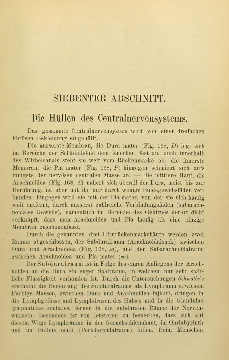 SIEBENTER ABSCHNITT. Die Hüllen des Centralnervensystenis. Das gesammte Centrainer vensystem wird von einer dreifachen fibrösen Bekleidung eingehüllt. Die äusserste Membran, die Dura mater (Fig. 168, D) legt sich im Bereiche der Schädelhöhle dem Knochen fest an, auch innerhalb des Wirbelcanals steht sie weit vom Bückenmarke ab; die innerste Membran, die Pia mater (Fig. 168, P) hingegen schmiegt sich aufs innigste der nervösen centralen Masse an. — Die mittlere Haut, die Arachnoidea (Fig. 168, A) nähert sich überall der Dura, meist bis zur Berührung, ist aber mit ihr nur durch wenige Bindegewebsfäden ver- bunden; hingegen wird sie mit der Pia mater, von der sie sich häufig weit entfernt, durch äusserst zahlreiche Verbindungsfäden (subarach- noidales Gewebe), namentlich im Bereiche des Gehirnes derart dicht verknüpft, dass man Arachnoidea und Pia häufig als eine einzige Membran zusammenfasst. Durch die genannten drei Hirnrückenmarkshäute werden zwei Räume abgeschlossen, der Subduralraum (Arachnoidalsack) zwischen Dura und Arachnoidea (Fig. 168, sd), und der Subarachnoidalraum zwischen Arachnoidea und Pia mater (aa). Der Subduralraum ist in Folge des engen Anliegens der Arach- QOidea an die Dura ein enger Spaltraum, in welchem nur sehr spär- liche Flüssigkeit vorhanden ist. Durch die Untersuchungen Schwalbe s erscheint die Bedeutung des Subduralraums als Lymphraum erwiesen. Farbige Hassen, zwischen Dura und Arachnoidea injicirt, dringen in die Lymphgefässe and Lymphdrüsen des Halses und in die Glandulae lymphaticae Lumbales, ferner in die subduralen Bäume der Nerven- wurzeln. Besonders ist von Letzteren zu bemerken, dass sich auf je Lymphräume in der Geruchschleimhaut, im Ohrlabyrinth und im Bulbus oculi (Perichoroidalr; i) füllen. Beim Menschen