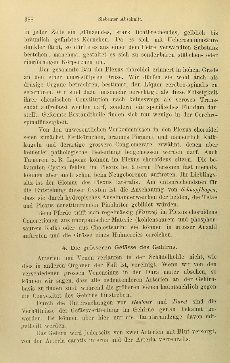 in jeder Zelle ein glänzendes, stark lichtbrechendes, gelblich bis bräunlich gefärbtes Körnchen. Da es sich mit Ueberosmiumsäure dunkler färbt, so dürfte es aus einer dem Fette verwandten Substanz bestehen; manchmal gestaltet es sich zu sonderbaren Stäbchen- oder ringförmigen Körperchen um. Der gesammte Bau der Plexus choroidei erinnert in hohem Grade an den einer umgestülpten Drüse. Wir dürfen sie wohl auch als drüsige Organe betrachten, bestimmt, den Liquor cerebro-spinalis zu secerniren. Wir sind dazu umsomehr berechtigt, als diese Flüssigkeit ihrer chemischen Constitution nach keineswegs als seröses Trans- sudat aufgefasst werden darf, sondern ein specifisches Fluidum dar- stellt. Geformte Bestandteile finden sich nur wenige in der Cerebro- spinalflüssigkeit. Von den unwesentlichen Vorkommnissen in den Plexus choroidei seien zunächst Fettkörnchen, braunes Pigment und namentlich Kalk- kugeln und derartige grössere Conglomerate erwähnt, denen aber keinerlei pathologische Bedeutung beigemessen werden darf. Auch Tumoren, z. B. Lipome können im Plexus choroideus sitzen. Die be- kannten Cysten fehlen im Plexus bei älteren Personen fast niemals, können aber auch schon beim Neugeborenen auftreten. Ihr Lieblings- sitz ist der Glomus des Plexus lateralis. Am entsprechendsten für die Entstehung dieser Cysten ist die Anschauung von Schnopfhagen, dass sie durch hydropisches Auseinanderweichen der beiden, die Telae und Plexus constituirenden Piablätter gebildet würden. Beim Pferde trifft man regelmässig (Faivre) im Plexus choroideus Concretionen aus unorganischer Materie (kohlensaurem und phosphor- saurem Kalk) oder aus Cholestearin; sie können in grosser Anzahl auftreten und die Grösse eines Hühnereies erreichen. 4. Die grösseren Gefässe des Gehirns. Arterien und Venen verlaufen in der Schädelhöhle nicht, wie dies in anderen Organen der Fall ist, vereinigt. Wenn wir von den verschiedenen grossen Venensinus in der Dura mater absehen, so können wir sagen, dass alle bedeutenderen Arterien an der Gehirn- basis zu finden sind, während die gröberen Venen hauptsächlich gegen die Convexität des Gehirns hinstreben. Durch die Untersuchungen von Heubner und Duret sind die Verhältnisse der Gefässvertheilung im Gehirne genau bekannt ge- worden. Es können aber hier nur die Hauptgrundzüge davon mit- getheilt werden. Das Gehirn wird jederseits von zwei Arterien mit Blut versorgt, von der Arteria carotis interna und der Arteria vertebralis.