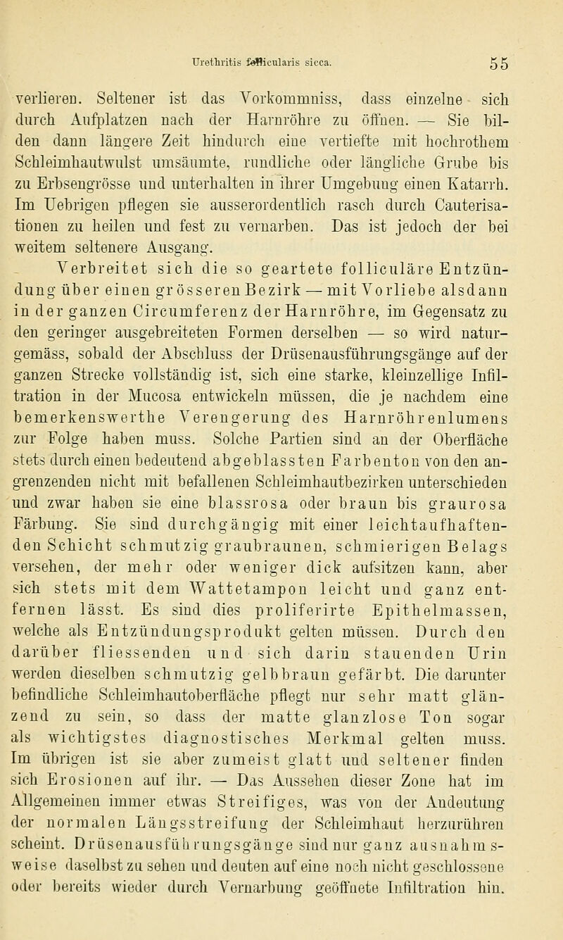 verlieren. Seiteuer ist das Yorkommniss, dass einzelne sich durch Aufplatzen nach der Harnröhre zu öffnen. — Sie bil- den dann längere Zeit hindurcli eine vertiefte mit hochrothem Schleimhautwulst umsäumte, rundliche oder längliche Grube bis zu Erbsengrösse und unterhalten in ihrer Umgebung einen Katarrh. Im Uebrigen pflegen sie ausserordentlich rasch durch Cauterisa- tionen zu heilen und fest zu vernarben. Das ist jedoch der bei weitem seltenere Ausgang. Verbreitet sich die so geartete folliculäre Entzün- dung über einen grösseren Bezirk — mit Vorliebe alsdann in der ganzen Circumferenz der Harnröhre, im Gegensatz zu den geringer ausgebreiteten Formen derselben — so wird natur- gemäss, sobald der Abscbluss der Drüsenausführungsgänge auf der ganzen Strecke vollständig ist, sich eine starke, kleinzellige Infil- tration in der Mucosa entwickeln müssen, die je nachdem eine bemerkenswerthe Verengerung des Harnröhrenlumens zur Folge haben muss. Solche Partien sind an der Oberfläche stets durch einen bedeutend abgeblassten Farbenton von den an- grenzenden nicht mit befallenen Schleimhautbezirken unterschieden und zwar haben sie eine blassrosa oder braun bis graurosa Färbung. Sie sind durchgängig mit einer leichtaufhaften- den Schicht schmutzig graubraunen, schmierigen Belags versehen, der mehr oder weniger dick aufsitzen kann, aber sich stets mit dem Wattetampon leicht und ganz ent- fernen lässt. Es sind dies proliferirte Epithelmassen, welche als Entzündungsprodukt gelten müssen. Durch den darüber fliessenden und sich darin stauenden Urin werden dieselben schmutzig gelbbraun gefärbt. Die darunter befindliche Schleimhautoberfläche pflegt nur sehr matt glän- zend zu sein, so dass der matte glanzlose Ton sogar als wichtigstes diagnostisches Merkmal gelten muss. Im übrigen ist sie aber zumeist glatt und seltener finden sich Erosionen auf ihr. — Das Aussehen dieser Zone hat im Allgemeinen immer etwas Streifiges, was von der Andeutung der normalen Längsstreifung der Schleimhaut herzurühren scheint, Drüsenausführungsgänge sind nur ganz ausnahms- weise daselbst zu sehen und deuten auf eine noch nicht geschlossene oder bereits wieder durch Vernarbung geöft'uete Infiltration hin.