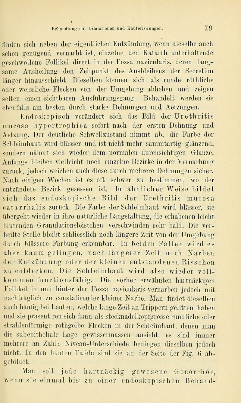 finden sich neben der eigentlichen Entzündung, wenn dieselbe auch schon genügend vernarbt ist, einzelne den Katarrh unterhaltende geschwollene Follikel direct in der Fossa navicnlaris, deren lang- same Ausheilung den Zeitpunkt des Ausbleibens der Secretion länger hinausschiebt. Dieselben können sich als runde röthliche oder weissliche Flecken von der Umgebimg abheben und zeigen selten einen sichtbaren Ausführungsgang. Behandelt werden sie ebenfalls am besten durch starke Dehnungen und Aetzungen. Endoskopisch verändert sich das Bild der Urethritis mucosa hypertrophica sofort nach der ersten Dehnung und Aetzung. Der deutliche Schwell zustand nimmt ab, die Farbe der Schleimhaut wird blässer und ist nicht mehr sammtartig glänzend, sondern nähert sich wieder dem normalen durchsichtigen Glänze. Anfangs bleiben vielleicht noch einzelne Bezirke in der Vernarbung zurück, jedoch weichen auch diese durch mehrere Dehnungen sicher. Nach einigeil Wochen ist es oft schwer zu bestimmen, wo der entzündete Bezirk gesessen ist. In ähnlicher Weise bildet sich das endoskopische Bild der Urethritis mucosa catarrhalis zurück. Die Farbe der Schleimhaut wird blässer, sie übergeht wieder in ihre natürliche Längsfaltung, die erhabenen leicht blutenden Granulationsleistchen verschwinden sehr bald. Die ver- heilte Stelle bleibt schliesslich noch längere Zeit von der Umgebung durch blassere Färbung erkennbar. In beiden Fällen wird es aber kaum gelingen, nach längerer Zeit noch Narben der Entzündung oder der kleineu entstandenen Risschen zu entdecken. Die Schleimhaut wird also wieder voll- kommen functionsfähig. Die vorher erwähnten hartnäckigen Follikel in und hinter der Fossa navicularis vernaiben jedoch mit nachtiäglich zu constatirendei kleiner Narbe. Man findet dieselben auch häufig bei Leuten, welche lange Zeit an Trippern gelitten haben und sie präsentiren sich dann als stecknadelkopfgrosse rundliche oder strahlenförmige rothgelbe Flecken in der Schleimhaut, denen man die subepitheliale Lage gewissermassen ansieht, es sind immer mehrere an Zahl; Niveau-Unterschiede bedingen dieselben jedoch nicht. In den bunten Tafeln sind sie an der Seite der Fig. 6 ab- gebildet. Man soll jede hartnäckig gewesene Gonorrhöe, wenn sie einmal bis- zu einer endoskopischen Behand-