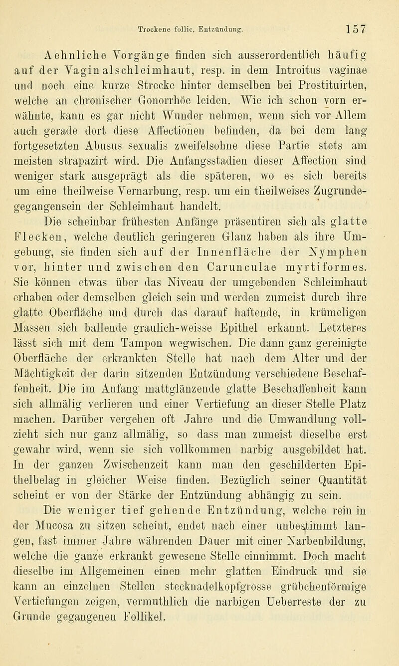 Aehnliche Vorgänge finden sich ausserordentlich häufig auf der Vagin alschleimhaut, resp. in dem Introitus vaginae und noch eine kurze Strecke hinter demselben bei Prostituirteu, welche an chronischer Gonorrhöe leiden. Wie ich schon vorn er- wähnte, kann es gar nicht Wunder nehmen, wenn sich vor Allem auch gerade dort diese Afifectionen befinden, da bei dem lang fortgesetzten Abusus sexualis zweifelsohne diese Partie stets am meisten strapazirt wird. Die Anfangsstadien dieser Affection sind weniger stark ausgeprägt als die späteren, wo es sich bereits um eine theilweise Vernarbung, resp. um ein theilweises Zugrunde- gegangensein der Schleimhaut handelt. Die scheinbar frühesten Anfänge präsentiren sich als glatte Flecken, welche deutlich geringereu Glanz haben als ihre Um- gebung, sie finden sich auf der Innenfläche der Nymphen vor, hinter und zwischen den Carunculae myrtiformes. Sie können etwas über das Niveau der umgebenden Schleimhaut erhaben oder demselben gleich sein imd werden zumeist durch ihre glatte Oberfläche und durch das darauf haftende, in krümeligen Massen sich ballende graulich-weisse Epithel erkannt. Letzteres lässt sich mit dem Tampon wegwischen. Die dann ganz gereinigte Oberfläche der erkrankten Stelle hat nach dem Alter und der Mächtigkeit der darin sitzenden Entzündung verschiedene Beschaf- fenheit. Die im Anfang mattglänzende glatte Beschaffenheit kann sich allmälig verlieren und einej- Vertiefung an dieser Stelle Platz machen. Darüber vergehen oft Jahre und die Umwandlung voll- zieht sich nur ganz allmälig, so dass man zumeist dieselbe erst gewahr wird, wenn sie sich vollkommen narbig ausgebildet hat. In der ganzen Zwis-chenzeit kann man den geschilderten Epi- thelbelag in gleicher Weise finden. Bezüglich seiner Quantität sclieint er von der Stärke der Entzündung abhängig zu sein. Die weniger tief gehende Entzündung, welche rein in der Mucosa zu sitzen scheint, endet nach einer unbea,timmt lan- gen, fast immer Jahre Avährenden Dauer mit einer Xarbenbildung, welche die ganze erkrankt gewesene Stelle einnimmt. Doch macht dieselbe im Allgemeinen einen mehr glatten Eindruck und sie kann au einzelnen Stellen steckuadelkopfgrosse grübchenförmige Vertiefungen zeigen, vermuthlich die narbigen Ueberreste der zu Grunde gegangenen Follikel,