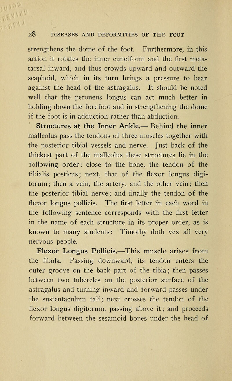 strengthens the dome of the foot. Furthermore, in this action it rotates the inner cuneiform and the first meta- tarsal inward, and thus crowds upward and outward the scaphoid, which in its turn brings a pressure to bear against the head of the astragalus. It should be noted well that the peroneus longus can act much better in holding down the forefoot and in strengthening the dome if the foot is in adduction rather than abduction. Structures at the Inner Ankle.— Behind the inner malleolus pass the tendons of three muscles together with the posterior tibial vessels and nerve. Just back of the thickest part of the malleolus these structures lie in the following order: close to the bone, the tendon of the tibialis posticus; next, that of the flexor longus digi- torum; then a vein, the artery, and the other vein; then the posterior tibial nerve; and finally the tendon of the flexor longus pollicis. The first letter in each word in the following sentence corresponds with the first letter in the name of each structure in its proper order, as is known to many students: Timothy doth vex all very nervous people. Flexor Longus Pollicis.—This muscle arises from the fibula. Passing downward, its tendon enters the outer groove on the back part of the tibia; then passes between two tubercles on the posterior surface of the astragalus and turning inward and forward passes under the sustentaculum tali; next crosses the tendon of the flexor longus digitorum, passing above it; and proceeds forward between the sesamoid bones under the head of