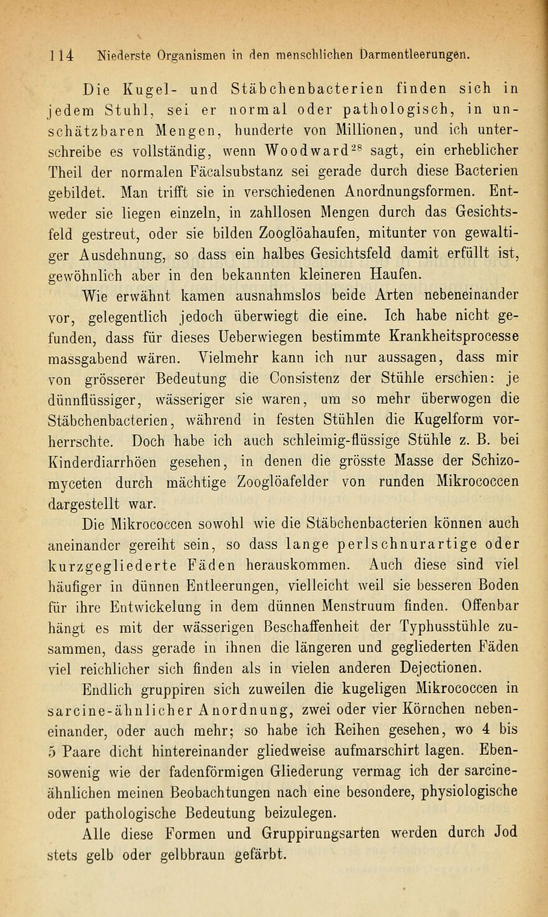 Die Kugel- und Stäbchenbacterien finden sich in jedem Stuhl, sei er normal oder pathologisch, in un- schätzbaren Mengen, hunderte von Millionen, und ich unter- schreibe es vollständig, wenn Woodward-^ sagt, ein erheblicher Theil der normalen Fäcalsubstanz sei gerade durch diese Bacterien gebildet. Man trifft sie in verschiedenen Anordnungsforraen. Ent- weder sie liegen einzeln, in zahllosen Mengen durch das Gesichts- feld gestreut, oder sie bilden Zooglöahaufen, mitunter von gewalti- ger Ausdehnung, so dass ein halbes Gesichtsfeld damit erfüllt ist, gewöhnlich aber in den bekannten kleineren Haufen. Wie erwähnt kamen ausnahmslos beide Arten nebeneinander vor, gelegentlich jedoch überwiegt die eine. Ich habe nicht ge- funden, dass für dieses Ueberwiegen bestimmte Krankheitsprocesse massgabend wären. Vielmehr kann ich nur aussagen, dass mir von grösserer Bedeutung die Consistenz der Stühle erschien: je dünnflüssiger, wässeriger sie waren, um so mehr überwogen die Stäbchenbacterien, während in festen Stühlen die Kugelform vor- herrschte. Doch habe ich auch schleimig-flüssige Stühle z. B. bei Kinderdiarrhöen gesehen, in denen die grösste Masse der Schizo- myceten durch mächtige Zooglöafelder von runden Mikrococcen dargestellt war. Die Mikrococcen sowohl wie die Stäbchenbacterien können auch aneinander gereiht sein, so dass lange perlschnurartige oder kurz gegliederte Fäden herauskommen. Auch diese sind viel häufiger in dünnen Entleerungen, vielleicht weil sie besseren Boden für ihre Entwickelung in dem dünnen Menstruum finden. Offenbar hängt es mit der wässerigen Beschaffenheit der Typhusstühle zu- sammen, dass gerade in ihnen die längeren und gegliederten Fäden viel reichlicher sich finden als in vielen anderen Dejectionen. Endlich gruppiren sich zuweilen die kugeligen Mikrococcen in sarcine-ähnlicher Anordnung, zwei oder vier Körnchen neben- einander, oder auch mehr; so habe ich Reihen gesehen, wo 4 bis 5 Paare dicht hintereinander gliedweise aufmarschirt lagen. Eben- sowenig wie der fadenförmigen Gliederung vermag ich der sarcine- ähnlichen meinen Beobachtungen nach eine besondere, physiologische oder pathologische Bedeutung beizulegen. Alle diese Formen und Gruppiruugsarten werden durch Jod stets gelb oder gelbbraun gefärbt.