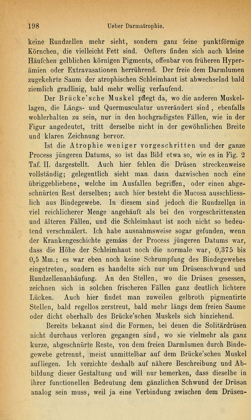 keine Rundzellen mehr sieht, sondern ganz feine punktförmige Körnchen, die vielleicht Fett sind. Oefters finden sich auch kleine Häufchen gelblichen körnigen Pigments, offenbar von früheren Hyper- ämien oder Extravasationen herrührend. Der freie dem Darmluraen zugekehrte Saum der atrophischen Schleimhaut ist abwechselnd bald ziemlich gradlinig, bald mehr wellig verlaufend. Der Brücke'sche Muskel pflegt da, wo die anderen Muskel- lagen, die Längs- und Quermusculatur unverändert sind , ebenfalls wohlerhalten zu sein, nur in den hochgradigsten Fällen, wie in der Figur angedeutet, tritt derselbe nicht in der gewöhnlichen Breite und klaren Zeichnung hervor. Ist die Atrophie weniger vorgeschritten und der ganze Process jüngeren Datums, so ist das Bild etwa so, wie es in Fig. 2 Taf. II. dargestellt. Auch hier fehlen die Drüsen streckenweise vollständig; gelegentlich sieht man dann dazwischen noch eine übriggebliebene, welche im Ausfallen begriffen, oder einen abge- schnürten Rest derselben; auch hier besteht die Mucosa ausschliess- lich aus Bindegewebe. In diesem sind jedoch die Rundzellen in viel reichlicherer Menge angehäuft als bei den vorgeschrittensten und älteren Fällen, und die Schleimhaut ist noch nicht so bedeu- tend verschmälert. Ich habe ausnahmsweise sogar gefunden, wenn der Krankengeschichte gemäss der Process jüngeren Datums war, dass die Höhe der Schleimhaut noch die normale war, 0,375 bis 0,5 Mm.; es war eben noch keine Schrumpfung des Bindegewebes eingetreten, sondern es handelte sich nur um Drüsenschwund und Rundzellenanhäufung. An den Stellen, wo die Drüsen gesessen, zeichnen sich in solchen frischeren Fällen ganz deutlich lichtere Lücken. Auch hier findet man zuweilen gelbroth pigmentirte Stellen, bald regellos zerstreut, bald mehr längs dem freien Saume oder dicht oberhalb des Brücke'schen Muskels sich hinziehend. Bereits bekannt sind die Formen, bei denen die Solitärdrüsen nicht durchaus verloren gegangen sind, wo sie vielmehr als ganz kurze, abgeschnürte Reste, von dem freien Darmlumen durch Binde- gewebe getrennt, meist unmittelbar auf dem Brücke'schen Muskel aufliegen. Ich verzichte deshalb auf nähere Beschreibung und Ab- bildung dieser Gestaltung und will nur bemerken, dass dieselbe in ihrer functionellen Bedeutung dem gänzlichen Schwund der Drüson analog sein muss, weil ja eine Verbindung zwischen dem Drüsen-