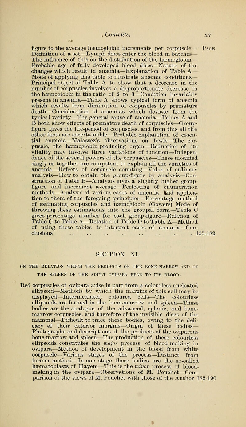 figure to the average hsemoglobin increments per corpuscle— Page Definition of a set—Lymph discs enter the blood in batches— The influence of this on the distribution of the haemoglobin — Probable age of fulh^ developed blood discs—Nature of the changes which result in anemia—Explanation of Table A— Mode of applying this table to illustrate anaemic conditions— Principal object of Table A to show that a decrease in the number of corpuscles involves a disproportionate decrease in the hsemoglobin in the ratio of 2 to 3—Condition invariably present in anaemia—Table A shows typical form of anasmia which results from diminution of corpuscles by premature death—Consideration of anaemias which deviate from the typical variety—The general cause of anaemia—Tables A and B both show effects of premature death of corpuscles—Group- figure gives the life-period of corpuscles, and from this all the other facts are ascertainable—Probable explanation of essen- tial anaemia—Malassez's observations on fowls—The cor- puscle, the haemoglobin-producing organ—Keduction of its vitality may involve three variations of function—Indepen- dence of the several powers of the corpuscles—These modified singly or together are competent to explain all the varieties of anaemia—Defects of corpuscle counting—Value of ordinary analysis—How to obtain the group-figure by analysis—Con- struction of Table B—Analysis gives a slightly higher group- figure and increment average—Perfecting of enumeration methods—Analysis of various cases of ansemia, ^nd applica- tion to them of the foregoing principles—Percentage method of estimating corpuscles and haemoglobin (Cowers) Mode of throwing these estimations into the groupal form—Table C gives percentage number for each group-figure—Relation of Table C to Table A—Eelation of Table D to Table A—Method of using these tables to interpret cases of anaemia—-Con- clusions .. .. .. .. .. .. .. .. 155-182 SECTION XI. ON THE EELATION WHICH THE PRODUCTS OF THE BONE-MAKROW AND OF THE SPLEEN OF THE ADULT OVIPARA BEAR TO ITS BLOOD. Red corpuscles of ovipara arise in part from a colourless nucleated ellipsoid—Methods by which the margins of this cell may be displayed—Intermediately coloured cells—The colourless ellipsoids are formed in the bone-marrow and spleen—These bodies are the analogue of the advanced, splenic, and bone- marrow corpuscles, and therefore of the invisible discs of the mammal—Difficult to trace these bodies, owing to the deli- cacy of their exterior margins—Origin of these bodies— Photographs and descriptions of the products of the oviparous bone-marrow and spleen—The production of these colourless ellipsoids constitutes the major process of blood-making in ovipara—Method of development in the blood from white corpuscle—Various stages of the process—Distinct from former method—In one stage these bodies are the so-called haematoblasts of Hayem—This is the minor process of blood- making in the ovipara—Observations of M. Pouchet—Com- parison of the views of M. Pouchet with those of the Author 182-190