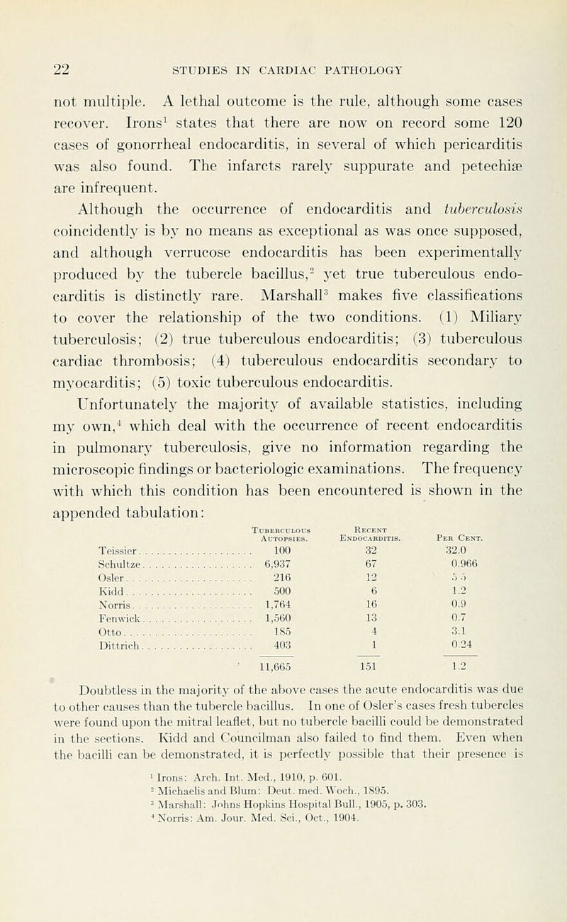 not multiple. A lethal outcome is the rule, although some cases recover. Irons^ states that there are now on record some 120 cases of gonorrheal endocarditis, in several of which pericarditis was also found. The infarcts rarely suppurate and petechise are infrequent. Although the occurrence of endocarditis and tuberculosis coincidently is by no means as exceptional as was once supposed, and although verrucose endocarditis has been experimentally produced by the tubercle bacillus,- yet true tuberculous endo- carditis is distinctly rare. MarshalP makes five classifications to cover the relationship of the two conditions. (1) Miliarj^ tuberculosis; (2) true tuberculous endocarditis; (3) tuberculous cardiac thrombosis; (4) tuberculous endocarditis secondarj^ to mj^ocarditis; (5) toxic tuberculous endocarditis. Unfortunately the majority of available statistics, including my own,'' which deal with the occurrence of recent endocarditis in pulmonaiy tuberculosis, give no information regarding the microscopic findings or bacteriologic examinations. The frequency with which this condition has been encountered is shown in the appended tabulation: Tuberculous Recent Endocarditis. Per Cent. Teissier 100 32 32.0 Schultze 6,937 67 0.966 Osier 216 12 ', r, Kidd 500 6 1.2 Norris 1,764 16 0.9 Fenwick 1,560 13 0.7 Otto 185 4 3.1 Dittrich 403 1 0.24 11,665 151 1.2 Doubtless in the majority of the above cases the acute endocarditis was due to other causes than the tubercle bacillus. In one of Osier's cases fresh tubercles were found upon the mitral leaflet, but no tubercle bacilli could be demonstrated in the sections. Kidd and Councilman also failed to find them. Even when the bacilli can be demonstrated, it is perfectly possible that their presence is 1 Irons: Arch. Int. Med., 1910, p. 601. - Michaelis and Blum: Deut. med. Woch., 1895. ' Marshall: Johns Hopkins Hospital Bull, 1905, p. 303. ■* Norris: .4m. Jour. Med. Sci., Oct., 1904.