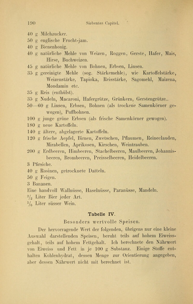 40 g J\Iilchzucker. 50 g englische Frucht-jam. 40 g Bienenhonig. 40 g natürliche Mehle von Weizen, Roggen, Gerste, Hafer, Mais, Hirse, Buchweizen. 45 g natürliche Mehle von Bohnen, Erbsen, Linsen. 35 g gereinigte Mehle (sog. Stärkemehle), wie Kartoffelstärke, Weizenstärke, Tapioka, Reisstärke, Sagomehl, Maizena, Mondamin etc. 35 g Reis (enthülst). 35 g Nudeln, Macaroni, Hafergrütze, Grünkern, Gerstengrütze.. 50—60 g Linsen, Erbsen, Bohnen (als trockene Samenkörner ge- wogen), Puffbohnen. 100 g junge grüne Erbsen (als frische Samenltörner gewogen). 180 g neue Kartoffeln. 140 g ältere, abgelagerte Kartoffeln. 120 g frische Aepfel, Birnen, Zwetschen, Pflaumen, Reineclauden, Mirabellen, Aprikosen, Kirschen, Weintrauben. 200 g Erdbeeren, Himbeeren, Stachelbeeren, Maulbeeren, Johannis- beeren, Brombeeren, Preisseibeeren, Heidelbeeren. 3 Pfirsiche. 40 g Rosinen, getrocknete Datteln. 50 g Feigen. 3 Bananen, Eine handvoU Wallnüsse, Haselnüsse, Paranüsse, Mandehi. 2/3 Liter Bier jeder Art. Ye Liter süsser Wein, Tabelle IV. Besonders wertvolle Speisen, Der hervorragende Wert der folgenden, übrigens nur eine kleine Auswahl darstellenden Speisen, beruht teils auf hohem Eiweiss- gehalt, teils auf hohem Fettgehalt. Ich berechnete den Nährwert von Eiweiss und Fett in je 100 g Substanz. Einige Stoffe ent- halten Kohlenhydrat, dessen Menge zur Orientierung angegeben, aber dessen Nährwert nicht mit berechnet ist.