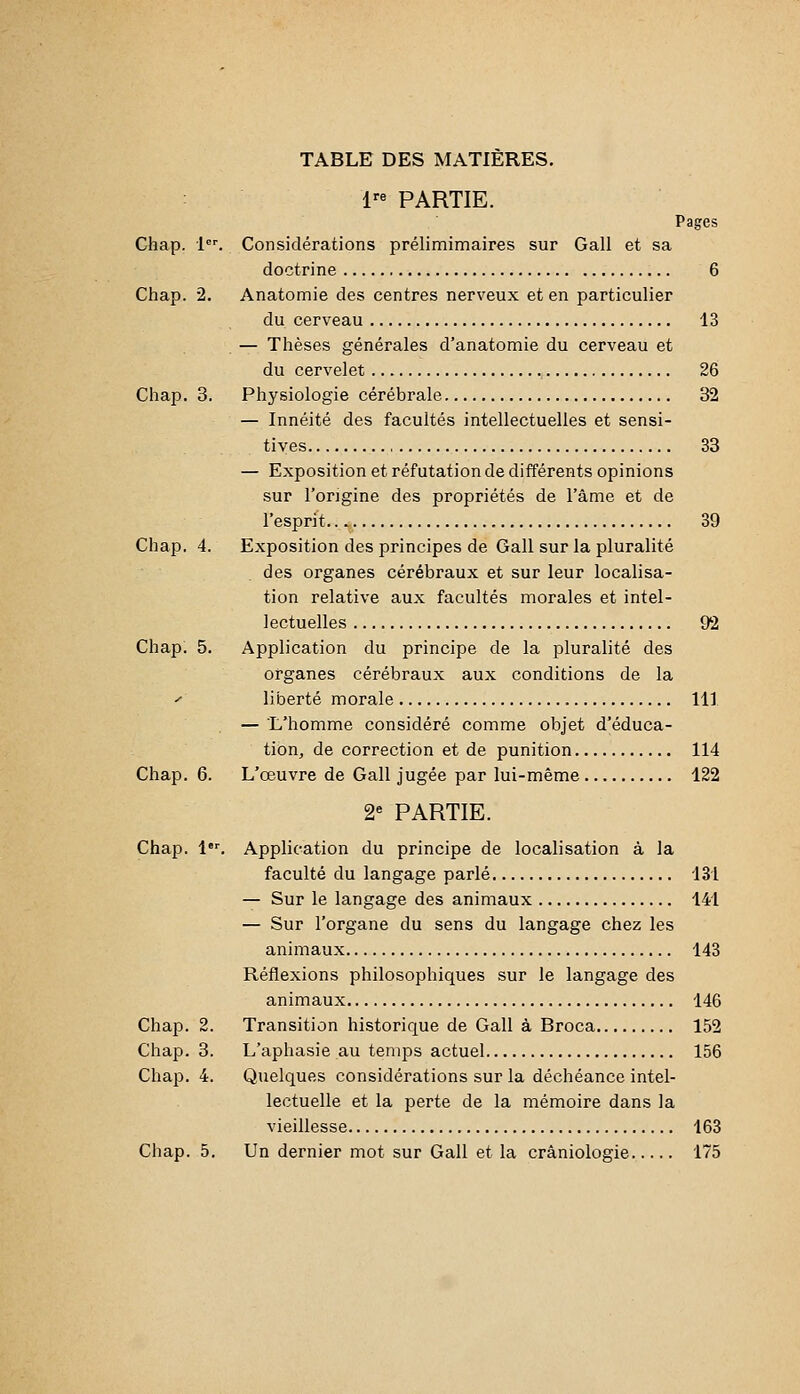 TABLE DES MATIERES. 1 PARTIE. Pages Chap. 1. Considérations prélimimaires sur Gall et sa doctrine 6 Chap. 2. Anatomie des centres nerveux et en particulier du cerveau 13 — Thèses générales d'anatomie du cerveau et du cervelet 26 Chap. 3. Physiologie cérébrale 32 — Innéité des facultés intellectuelles et sensi- tives 33 — Exposition et réfutation de différents opinions sur l'origine des propriétés de l'âme et de l'esprit 39 Chap, 4. Exposition des principes de Gall sur la pluralité des organes cérébraux et sur leur localisa- tion relative aux facultés morales et intel- lectuelles 92 Chap. 5. Application du principe de la pluralité des organes cérébraux aux conditions de la ■' liberté morale 111 — L'homme considéré comme objet d'éduca- tion, de correction et de punition 114 Chap. 6. L'œuvre de Gall jugée par lui-même 122 2= PARTIE. Chap. l. Application du principe de localisation à la faculté du langage parlé 131 — Sur le langage des animaux 141 — Sur l'organe du sens du langage chez les animaux 143 Réflexions philosophiques sur le langage des animaux 146 Chap. 2. Transition historique de Gall à Broca 152 Chap. 3. L'aphasie au tenijjs actuel 156 Chap. 4. Quelques considérations sur la déchéance intel- lectuelle et la perte de la mémoire dans la vieillesse 163 Chap. 5. Un dernier mot sur Gall et la crâniologie 175