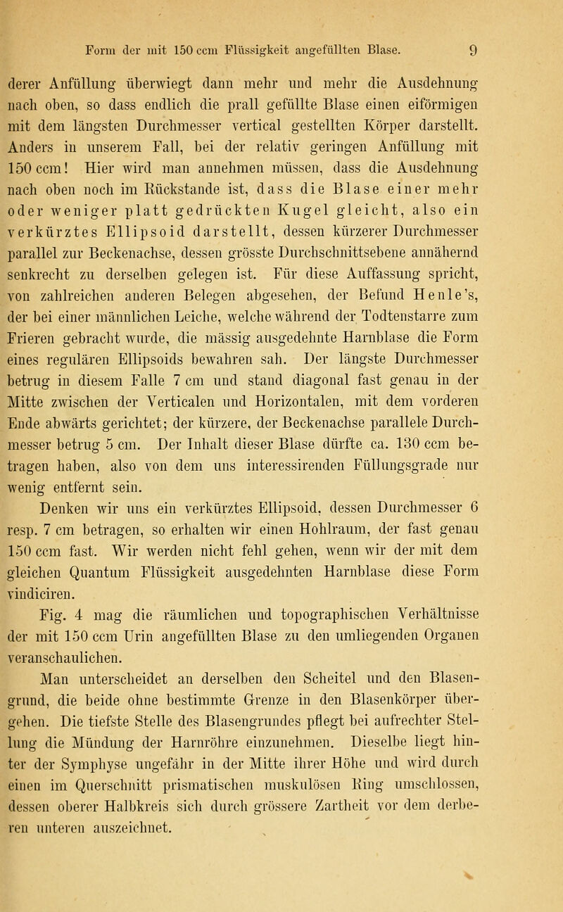 derer Anfüllung überwiegt dann mehr und mehr die Ausdehnmig nach oben, so dass endlich die prall gefüllte Blase einen eiförmigen mit dem längsten Durchmesser vertical gestellten Körper darstellt. Anders in imserem Fall, bei der relativ geringen Anfüllung mit 150 ccm! Hier wird man annehmen müssen, dass die Ausdehnung nach oben noch im Kückstande ist, dass die Blase einer mehr oder weniger platt gedrückten Kugel gleicht, also ein verkürztes Ellipsoid darstellt, dessen kürzerer Durchmesser parallel zur Beckenachse, dessen grösste Durchschnittsebene annähernd senkrecht zu derselben gelegen ist. Für diese Auffassung spricht, von zahlreichen anderen Belegen abgesehen, der Befund He nie's, der bei einer männlichen Leiche, welche während der Todtenstarre zum Frieren gebracht wurde, die massig ausgedehnte Harnblase die Form eines regulären Ellipsoids bewahren sah. Der längste Durchmesser betrug in diesem Falle 7 cm und stand diagonal fast genau in der Mitte zwischen der Verticalen und Horizontalen, mit dem vorderen Ende abwärts gerichtet; der kürzere, der Beckenachse parallele Durch- messer betrug 5 cm. Der Inhalt dieser Blase dürfte ca. 130 ccm be- tragen haben, also von dem uns interessirenden Füllungsgrade nur wenig entfernt sein. Denken wir uns ein verkürztes Ellipsoid, dessen Durchmesser 6 resp. 7 cm betragen, so erhalten wir einen Hohlraum, der fast genau 150 ccm fast. Wir werden nicht fehl gehen, wenn wir der mit dem gleichen Quantum Flüssigkeit ausgedehnten Harnblase diese Form vindiciren. Fig. 4 mag die räumlichen und topographischen Verhältnisse der mit 150 ccm Urin angefüllten Blase zu den umliegenden Organen veranschaulichen. Man unterscheidet an derselben den Scheitel und den Blasen- grund, die beide ohne bestimmte Grenze in den Blasenkörper über- gehen. Die tiefste Stelle des Blasengrundes pflegt bei aufrechter Stel- lung die Mündung der Harnröhre einzunehmen. Dieselbe liegt hin- ter der Symphyse ungefähr in der Mitte ihrer Höhe und wird durch einen im Querschnitt prismatischen muskulösen Bing umschlossen, dessen oberer Halbkreis sich durch grössere Zartheit vor dem derbe- ren unteren auszeichnet.