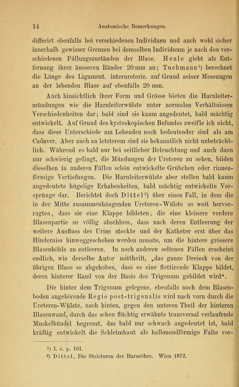 differirt ebenfalls bei verschiedenen Individuen und auch wohl sicher innerhalb gewisser Grenzen bei demselben Individuum je nach den ver- schiedenen Füllungszuständen der Blase. He nie giebt als Ent- fernung ihrer äusseren Känder 20mm an; Tuchmann^) berechnet die Länge des Ligament, interureteric. auf Grund seiner Messungen an der lebenden Blase auf ebenfalls 20 mm. Auch hinsichtlich ihrer Form und Grösse bieten die Harnleiter- müudungen wie die Harnleiterwülste unter normalen Verhältnissen Verschiedenheiten dar; bald sind sie kaum angedeutet, bald mächtig entwickelt. Auf Grund des kystoskopischen Befundes zweifle ich nicht, dass diese Unterschiede am Lebenden noch bedeutender sind als am Cadaver. Aber auch an letzterem sind sie bekanntlich nicht unbeträcht- lich. Während es bald nur bei seitlicher Beleuchtung und auch dann nur schwierig gelingt, die Mündungen der Ureteren zu sehen, bilden dieselben in anderen Fällen schön entwickelte Grübchen oder rinnen- förmige Vertiefungen. Die Harnleiterwülste aber stellen bald kaum angedeutete hügelige Erhabenheiten, bald mächtig entwickelte Vor- spriinge dar. Berichtet doch DitteP) über einen Fall, in dem die in der Mitte zusammenhängenden Ureteren-Wülste so weit hervor- ragten, dass sie eine Klappe bildeten, die eine kleinere vordere Blasenpartie so völlig abschloss, dass nach deren Entleerung der weitere Ausfluss des Urins stockte und der Katheter erst über das Hinderniss hinweggeschoben werden musste, um die hintere grössere Blasenhöhle zu entleeren. In noch anderen seltenen Fällen erscheint endlich, wie derselbe Autor mittheilt, „das ganze Dreieck von der übrigen Blase so abgehoben, dass es eine flottirende Klappe bildet, deren hinterer Rand von der Basis des Trigonum gebildet wird. Die hinter dem Trigonum gelegene, ebenfalls noch dem Blasen- boden angehörende Regio post-trigonalis wird nach vorn durch die Ureteren-Wülste, nach hinten, gegen den unteren Theil der hinteren Blasenwand, durch das schon flüchtig erwähnte transversal verlaufende Muskelbündel begrenzt, das bald nur schwach angedeutet ist, bald kräftig entwickelt die Schleimhaut als halbmondförmige Falte vor- i 1) 1. c. p. 101. 2) Dittel, Die Stricturen der Harnröhre. Wien 1872.