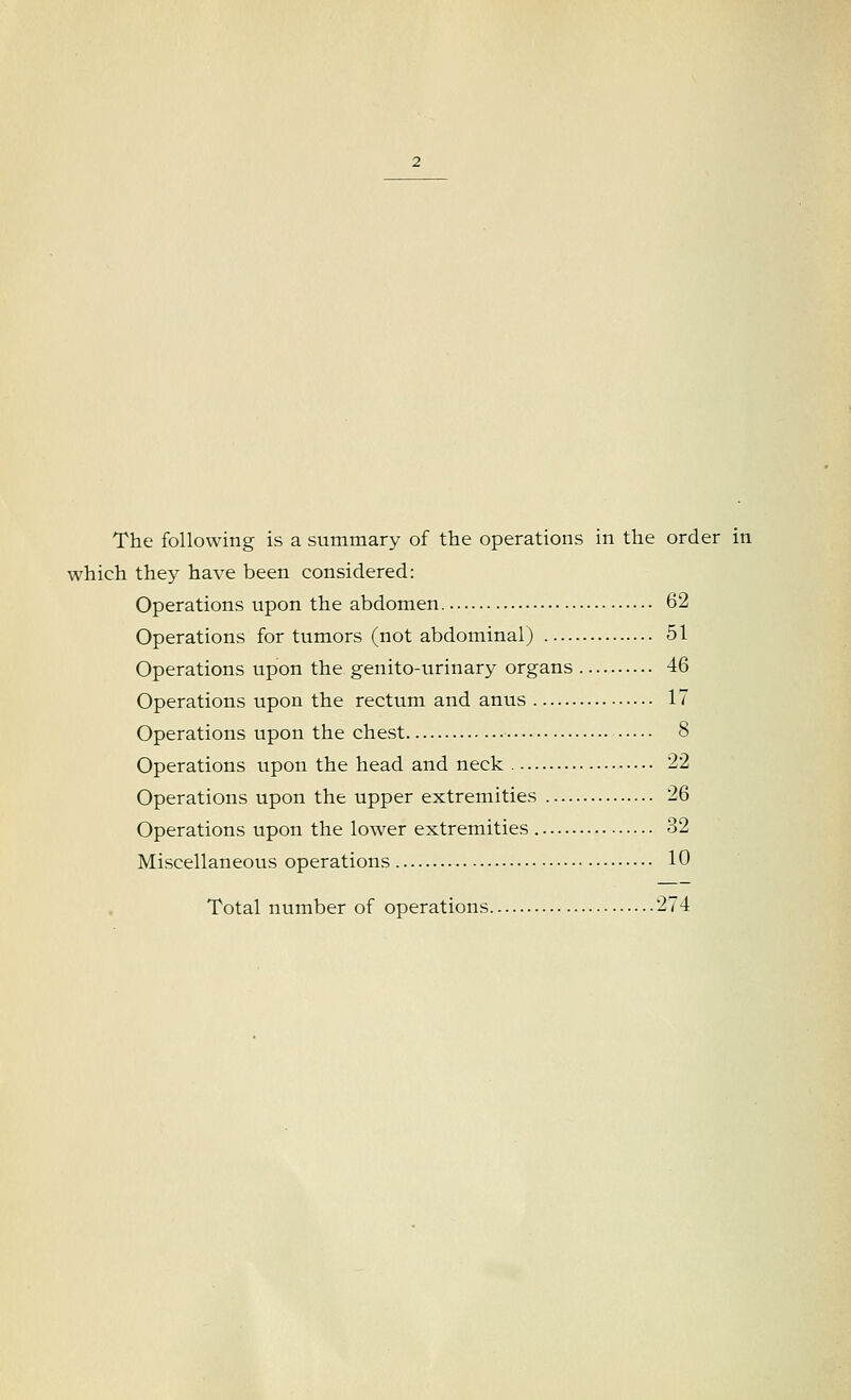 which they have been considered: Operations upon the abdomen 62 Operations for tumors (not abdominal) 51 Operations upon the genito-urinary organs 46 Operations upon the rectum and anus 17 Operations upon the chest 8 Operations upon the head and neck 22 Operations upon the upper extremities 26 Operations upon the lower extremities 32 Miscellaneous operations 10 Total number of operations 274