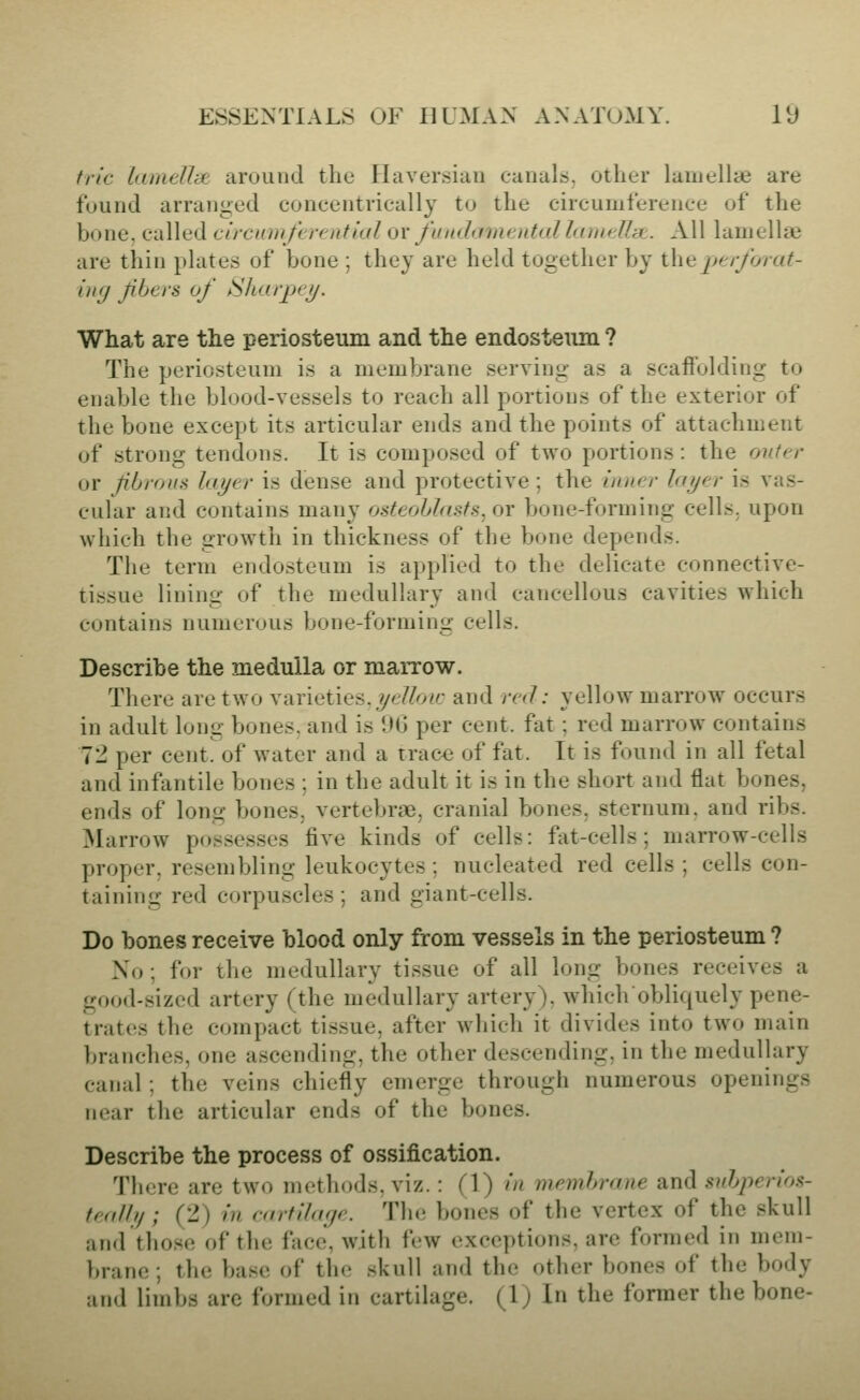 trie laineUce around the Haversian canals, other lamellae are found arranged concentrically to the circumference of the bone, called circumferential or fundamental lameUst. All lamellae are thin plates of bone ; they are held together by \\\ki l)erforat- i](g fbcrs of Sltarpei/. What are the periosteum and the endosteiim ? The periosteum is a membrane serving as a scaffolding to enable the blood-vessels to reach all portions of the exterior of the bone except its articular ends and the points of attachment of strong tendons. It is composed of two portions : the outer or fibrous layer is dense and protective ; the inner layer is vas- cular and contains many osteoblasts, or bone-forming cells, upon which the growth in thickness of the bone depends. The term endosteum is applied to the delicate connective- tissue lining of the medullary and cancellous cavities which contains numerous bone-forming cells. Describe the medulla or marrow. There are two varieties,^e/fo?c and red: yellow marrow occurs in adult long bones, and is OG per cent, fat ; red marrow contains 72 per cent, of water and a trace of fat. It is found in all fetal and infantile bones ; in the adult it is in the short and flat bones, ends of long bones, vertebra), cranial bones, sternum, and ribs. Marrow possesses five kinds of cells: fat-cells; marrow-cells proper, resembling leukocytes ; nucleated red cells ; cells con- taining red corpuscles ; and giant-cells. Do bones receive blood only from vessels in the periosteum ? Xo ; for the medullary tissue of all long bones receives a good-sized artery (the medullary artery), whichobliquely pene- trates the compact tissue, after which it divides into two main branches, one ascending, the other descending, in the medullary canal; the veins chiefly emerge through numerous openings near the articular ends of the bones. Describe the process of ossification. There are two methods, viz. : (1) in membrane and subperios- teolly; (2) in cortihge. The bones of the vertex of the skull and those of the face, with few exceptions, are formed in mem- brane ; the base of the skull and the other bones of the body and limbs are formed in cartilage. (1) In the former the bone-