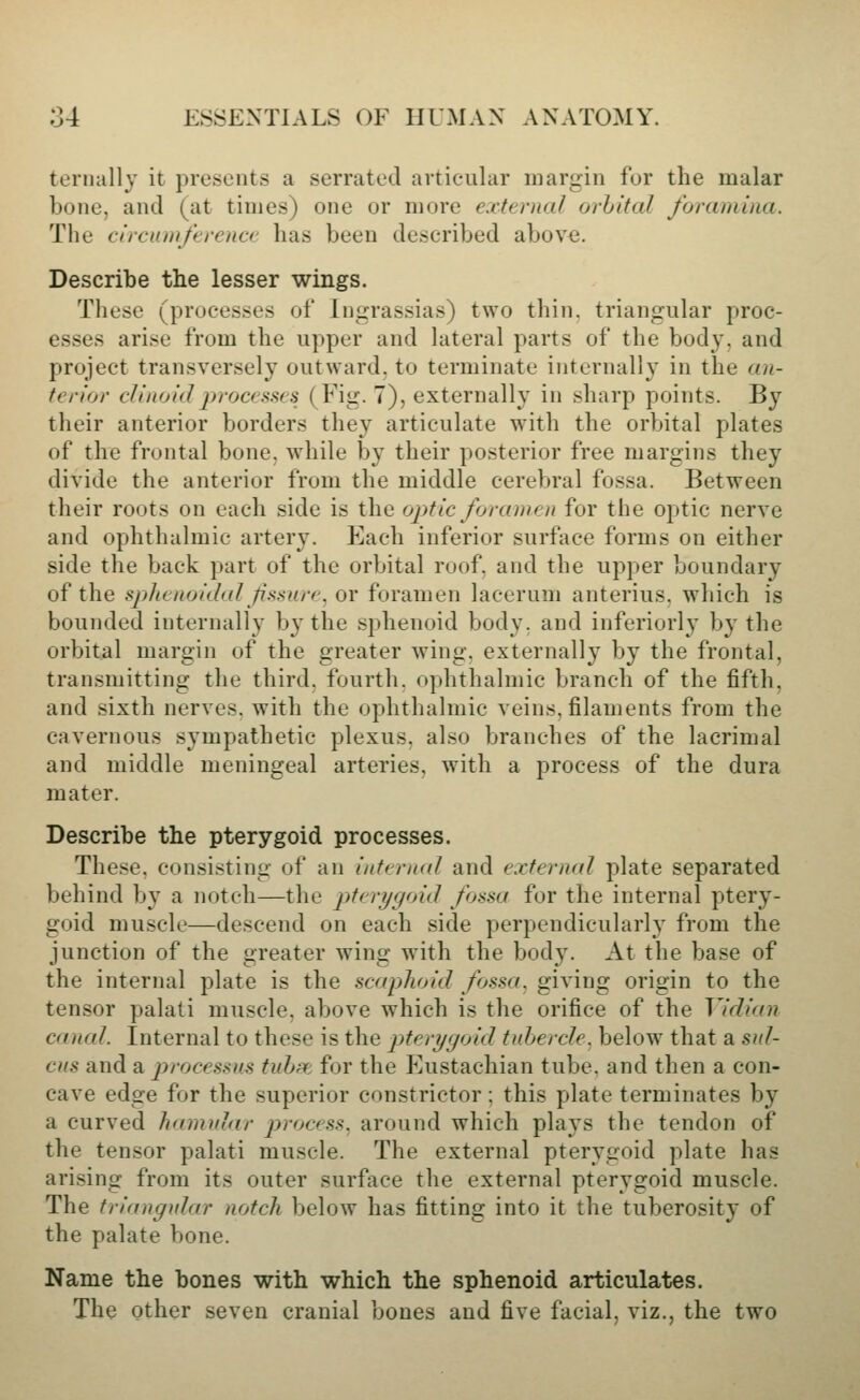 ternally it presents a serrated articular margin for the malar bone, and (at times) one or more external orbital forarnina. The circumference has been described above. Describe the lesser wings. These (processes of Ingrassias) two thin, triangular proc- esses arise from the upper and lateral parts of the body, and project transversely outward, to terminate internally in the an- terior clinoidprocesses (Fig. 7), externally in sharp points. By their anterior borders they articulate with the orbital plates of the frontal bone, while by their posterior free margins they divide the anterior from the middle cerebral fossa. Between their roots on each side is the optic foramen for the optic nerve and ophthalmic artery. Each inferior surface forms on either side the back part of the orbital roof, and the upper boundary of the sphenoidal fissure, or foramen lacerum anterius. which is bounded internally b}'the .sphenoid body, and inferiorly by the orbital margin of the greater wing, externally by the frontal, transmitting the third, fourth, ophthalmic branch of the fifth, and sixth nerves, with the ophthalmic veins, filaments from the cavernous sympathetic plexus, also branches of the lacrimal and middle meningeal arteries, with a process of the dura mater. Describe the pterygoid processes. These, consisting of an internal and external plate separated behind by a notch—the ptrrygoid fossa for the internal ptery- goid muscle—descend on each side perpendicularly from the junction of the greater wing with the body. At the base of the internal plate is the scaphoid fossa, giving origin to the tensor palati muscle, above which is the orifice of the Vidian canal. Internal to these is the pterygoid tubercle., below that a sul- cus and a processus tubff: for the Eustachian tube, and then a con- cave edge for the superior constrictor; this plate terminates by a curved hamidar process^ around which plays the tendon of the tensor palati muscle. The external pterygoid plate has arising from its outer surface the external pterygoid muscle. The triangular notch below has fitting into it the tuberosity of the palate bone. Name the bones with which the sphenoid articulates. The other seven cranial bones and five facial, viz., the two