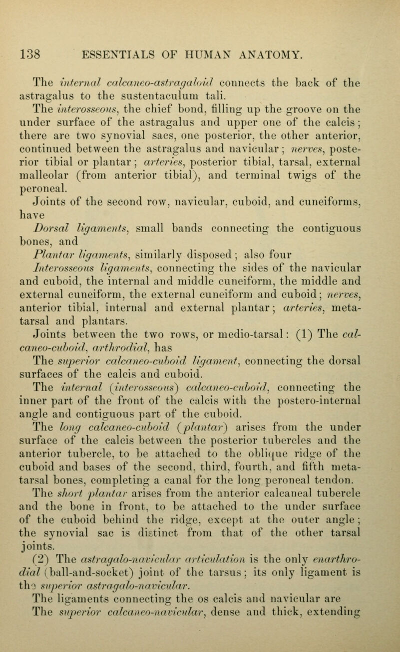 The internal caJcaneo-astragahtid connects the back of the astragalus to the sustentaculum tali. The interosseous, the chief bond, filling up the groove on the under surface of the astragalus and upper one of the calcis; there are two synovial sacs, one posterior, the other anterior, continued between the astragalus and navicular; nerves, poste- rior tibial or plantar; arteries, posterior tibial, tarsal, external malleolar (from anterior tibial), and terminal twigs of the peroneal. Joints of the second row, navicular, cuboid, and cuneiforms, have Dorsal ligaments, small bands connecting the contiguous bones, and Plantar ligaments, similarly disposed; also four Interosseous ligaments, connecting the sides of the navicular and cuboid, the internal and middle cuneiform, the middle and external cuneiform, the external cuneiform and cuboid; nerves, anterior tibial, internal and external plantar; arteries, meta- tarsal and plantars. Joints between the two rows, or medio-tarsal: (1) The cal- caneo-cuhoid, artltrodial, has The superior calcaneo-cuhoid ligament, connecting the dorsal surfaces of the calcis and cuboid. The internal (^interosseous) calcaneo-euhoid, connecting the inner part of the front of the calcis with the postero-internal angle and contiguous part of the cuboid. The long calcaneo-cuhoid (plantar) arises from the under surface of the calcis between the posterior tubercles and the anterior tubercle, to be attached to the oblique ridge of the cuboid and bases of the second, third, fourth, and fifth meta- tarsal bones, completing a canal for the long peroneal tendon. The short plantar arises from the anterior calcaneal tubercle and the bone in front, to be attached to the under surface of the cuboid behind the ridge, except at the outer angle ; the synovial sac is distinct from that of the other tarsal joints. (2) The astragalo-navicular articulation is the only enarthro- dial (ball-and-socket) joint of the tarsus; its only ligament is th'3 superior astragalo-navicular. The ligaments connecting the os calcis and navicular are The superior calcanco-navicular, dense and thick, extending