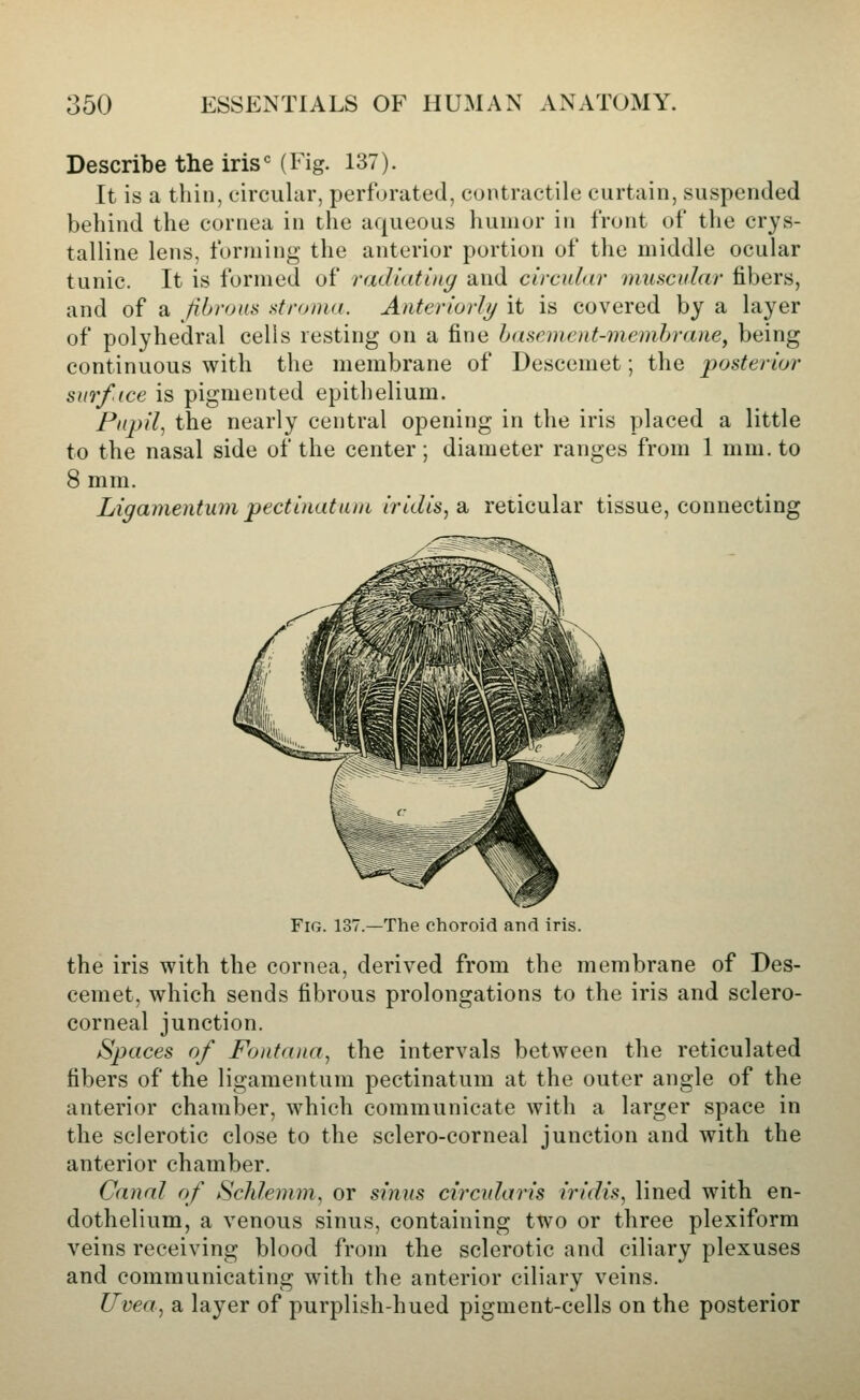 Describe the iris<= (Fig. 137). It is a thin, circular, perforated, contractile curtain, suspended behind the cornea in tlic aqueous humor in front of the crys- talline lens, forming the anterior portion of the middle ocular tunic. It is formed of radiating and circular muscular fibers, and of a fibrous stroma. AnteriorJij it is covered by a layer of polyhedral cells resting on a fine hascmcnt-memhrane, being continuous with the membrane of Descemet; the posterior sur/ice is pigmented epithelium. Pujjil, the nearly central opening in the iris placed a little to the nasal side of the center; diameter ranges from 1 mm. to 8 mm. Ligamentum pectinatuni iridis,a, reticular tissue, connecting Fig. 137.—The choroid and iris. the iris with the cornea, derived from the membrane of Des- cemet, which sends fibrous prolongations to the iris and sclero- corneal junction. Spaces of Fontaiia, the intervals between the reticulated fibers of the ligamentum pectinatum at the outer angle of the anterior chamber, which communicate with a larger space in the sclerotic close to the sclero-corneal junction and with the anterior chamber. Canal of Schlemm, or sinus circularis iridis, lined with en- dothelium, a venous sinus, containing two or three plexiforra veins receiving blood from the sclerotic and ciliary plexuses and communicating with the anterior ciliary veins. Uvea, a layer of purplish-hued pigment-cells on the posterior