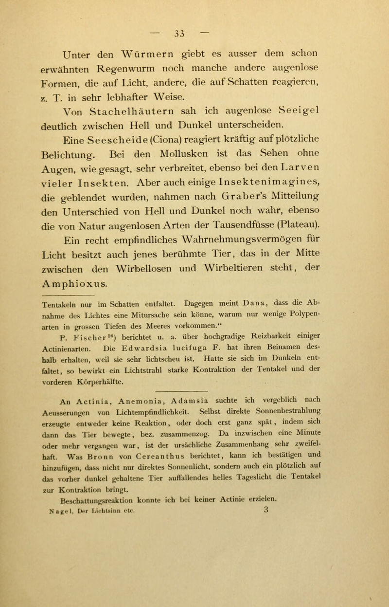 Unter den Würmern giebt es ausser dem schon erwähnten Regenwurm noch manche andere augenlose Formen, die auf Licht, andere, die auf Schatten reagieren, z. T. in sehr lebhafter Weise. Von Stachelhäutern sah ich augenlose Seeigel deutlich zwischen Hell und Dunkel unterscheiden. Eine Seescheide (Ciona) reagiert kräftig auf plötzliche Belichtung. Bei den Mollusken ist das Sehen ohne Augen, wie gesagt, sehr verbreitet, ebenso bei den Larven vieler Insekten. Aber auch einige Insektenimagines, die geblendet wurden, nahmen nach Graber's Mitteilung den Unterschied von Hell und Dunkel noch wahr, ebenso die von Natur augenlosen Arten der Tausendfüsse (Plateau). Ein recht empfindliches Wahrnehmungsvermögen für Licht besitzt auch jenes berühmte Tier, das in der Mitte zwischen den Wirbellosen und Wirbeltieren steht, der Amphioxus. Tentakeln nur im Schatten entfaltet. Dagegen meint Dana, dass die Ab- nahme des Lichtes eine Mitursache sein könne, warum nur wenige Polypen- arten in grossen Tiefen des Meeres vorkommen. P. Fischer1) berichtet u. a. über hochgradige Reizbarkeit einiger Actinienarten. Die Edwardsia lucifuga F. hat ihren Beinamen des- halb erhalten, weil sie sehr lichtscheu ist. Halte sie sich im Dunkeln ent- faltet, so bewirkt ein Lichtstrahl starke Kontraktion der Tentakel und der vorderen Körperhälfte. An Actinia, Anemonia, Adamsia suchte ich vergeblich nach Aeusserungen von Lichtempfindlichkeit. Selbst direkte Sonnenbestrahlung erzeugte entweder keine Reaktion, oder doch erst ganz spät, indem sich dann das Tier bewegte, bez. zusammenzog. Da inzwischen eine Minute oder mehr vergangen war, ist der ursächliche Zusammenhang sehr zweifel- haft. Was Bronn von Cereanthus berichtet, kann ich bestätigen und hinzufügen, dass nicht nur direktes Sonnenlicht, sondern auch ein plötzlich auf das vorher dunkel gehaltene Tier auffallendes helles Tageslicht die Tentakel zur Kontraktion bringt. Beschattungsreaktion konnte ich bei keiner Aclinie erzielen. Hagel, Da Li« iit-imi etc. 3