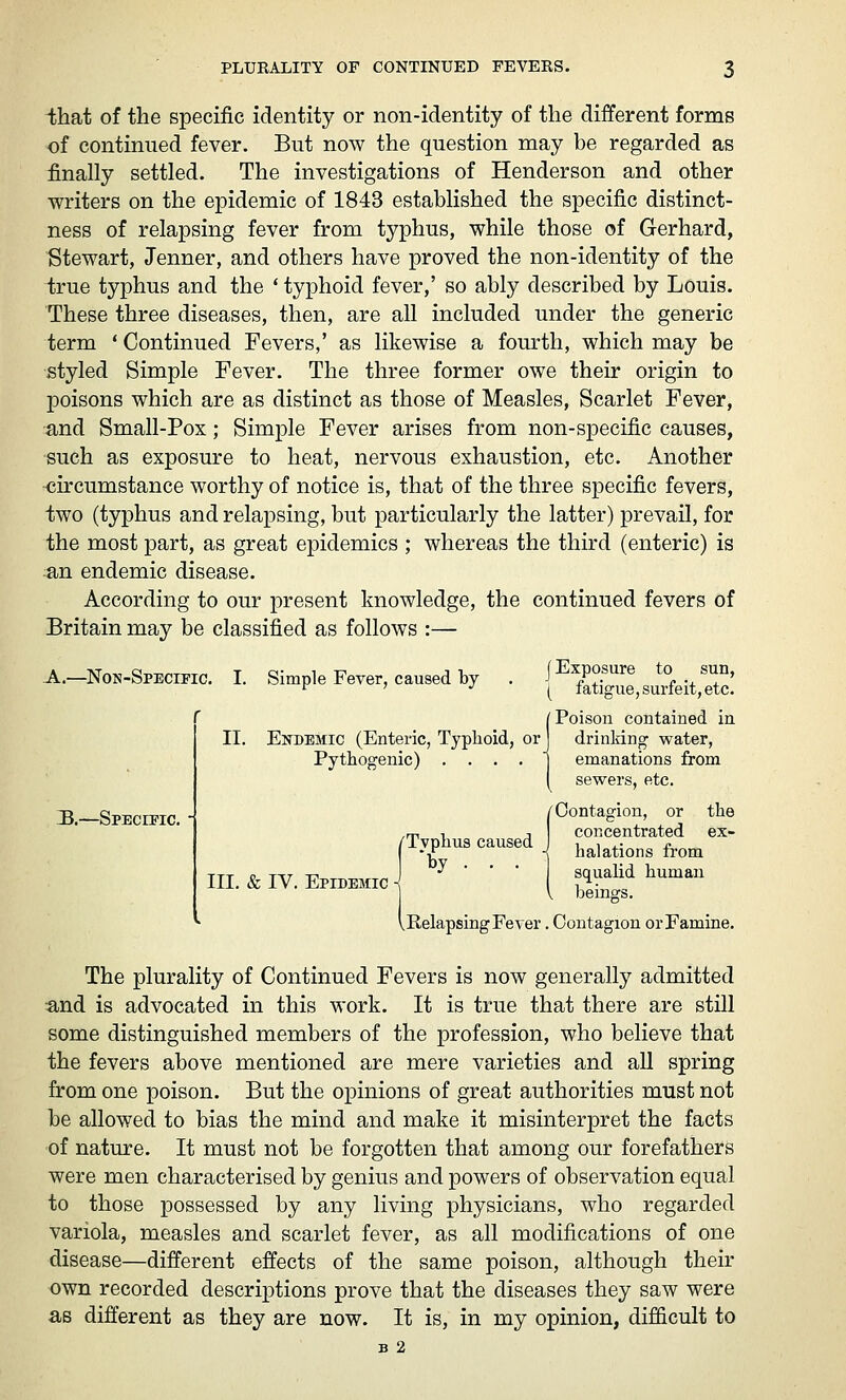 ihat of the specific identity or non-identity of the different forms of continued fever. But now the question may be regarded as finally settled. The investigations of Henderson and other writers on the epidemic of 1843 established the specific distinct- ness of relapsing fever from typhus, while those of Gerhard, Stewart, Jenner, and others have proved the non-identity of the irue typhus and the ' typhoid fever,' so ably described by Louis. These three diseases, then, are all included under the generic term ' Continued Fevers,' as likewise a fourth, which may be ■styled Simple Fever. The three former owe their origin to poisons which are as distinct as those of Measles, Scarlet Fever, ■and Small-Pox; Simple Fever arises from non-specific causes, such as exposure to heat, nervous exhaustion, etc. Another ■circumstance worthy of notice is, that of the three specific fevers, two (typhus and relapsing, but particularly the latter) prevaO, for the most part, as great epidemics ; whereas the third (enteric) is ;an endemic disease. According to our present knowledge, the continued fevers of Britain may be classified as follows :— A.—Non-specific. I. Simple Fever, caused by . i Exposure to sun, t^ ' ( latigue, surfeit, etc. /Poison contained in II. Endemic (Enteric, Typhoid, or] drinking -water, Pythogenic) . . . . ] emanations from y sewers, etc. B.—SpEcmc.-i /Contagion, or the ,m 1 J concentrated ex- Typhus caused J t^i^tions from III. & IV. Epidemic ^^ '  [ ggt! ^'''''' vEelapsing Fever. Contagion or Famine. The plurality of Continued Fevers is now generally admitted and is advocated in this work. It is true that there are still some distinguished members of the profession, who believe that the fevers above mentioned are mere varieties and all spring from one poison. But the opinions of great authorities must not be allowed to bias the mind and make it misinterpret the facts of nature. It must not be forgotten that among our forefathers were men characterised by genius and powers of observation equal to those possessed by any living physicians, who regarded variola, measles and scarlet fever, as all modifications of one disease—different effects of the same poison, although their own recorded descriptions prove that the diseases they saw were as different as they are now. It is, in my opinion, difficult to B 2