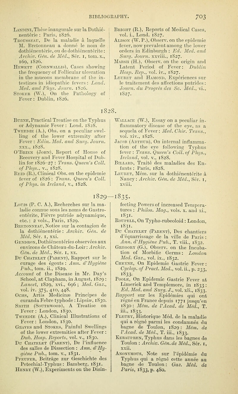 Landini, Tli^se inaugurale sur la Dothie- nenterie : Paris, 1826. Teousseatt, De la maladie a laquelle M. Bretonneau a donne le nom de dotliienenterie, ou de dotliienenterite: Archiv. Gen. de Med., Ser. i, torn, x., 169, 1826. Hewett (Coenwallis) , Cases showing the frequency of Follicular ulceration in the raucous membrane of the in- testines in idiopathic fevers: Lond. Med. and Phys. Joimi. 1826. Stoker (W.), On the Pathology of Fever: Dublin, 1826. Bright (E.), Eeports of Medical Cases, vol. i., Lond. 1827. Alison (W. P.), Observ. on the epidemic fever, now prevalent among the lower orders in Edinburgh : Ed. Med. and Surg. Jorirn. xxviii., 1827. Marsh (H.), Observ. on the origin and Latent Period of Fever: Dublin Hosp. Rep., vol. iv., 1827. Letjket and H.-uiond, Experiences sur le traitement des affections putrides: Journ. du Frogres des Sc. Med., vi., 1827. 1828. BuRNE,Practical Treatise on the Typhus or Adynamic Fever : Lond. 1828. TwEEDiE (A.), Obs. on a peculiar swel- ling of the lower extremity after Fever : Edin. Med. and Surg. Journ. XXX., 1828. O'Brien (John), Eeport of House of Eecovery and Fever Hospital of Dub- lin for 1826-27 : Trans. Queen's Coll. of Phys., v., 1828. Eeid (E.), Clinical Obs. on the epidemic fever of 1826: Trans. Queen's Coll. of Phys. in Ireland, v., 1828. W.tLLACE (W.), Essay on a peculiar in- flammatory disease of the eye, as a sequela of Fever : Med. Chir. Trans., vol. xiv., 1828. Jacob (Arthur), On internal inflamma- tion of the eye following Typhus fever : Trans. Queen's Coll. of Phys., Ireland, vol. v., 1828. BiLLAED, Trait6 des maladies des En- fants : Paris, 1828. Leuret, Mem. sur la dothienenterite a Nancy: Archiv. Gen. de Med., Ser. i, xviii. . 1829—1835. LoTJis (P. C. A.), Eecherches sur la ma- ladie connue sous les noms de Gastro- enterite, Fi^vre putride adynamique, etc.: 2 vols., Paris, 1829. Bretonneau, Notice sur la contagion de la dothienenterie: Archiv. Gin. de Med. Ser. i, xxi. GENDEON,Dothienenteries observees aux environs de Chateau-du-Loir: Archiv. Gin. de Med., Ser. i, xx. Du Chatelet (Parent), Eapport sur le curage des egouts : Ann. d'Hygiene Pub., tom. ii., 1829. Account of the Disease in Mr. Day's School, at Clapham, in August, 1829 : Lancet, 1829, xvi., 696; Med. Gaz., vol. iv. 375, 410, 448. OcHS, Artis MediciuEe Principes de curanda Febre typhode : Lipsiffi, 1830. Smith (Southwood), A Treatise on Fever : London, 1830. TwEEDiE (A.), Clinical Illustrations of Fever: London, 1830. Graves and Stokes, Painful Swellings of the lower extremities after Fever : Dub. Hasp. Reports, vol. v., 1830. Du Chatelet (Parent), De I'influence des salles de Dissection : Ann. d'Hy- gi&ne Pub., ioTa..\., \?>T,i. Pfeufer, Beitrage zur Geschichte des Petechial-Typhus: Bamberg, 1831. Henry (W.) , Experiments on the Disin- fecting Powers of increased Tempera- tures : Philos. Mag., vols. x. and xi., 1831. EouPELL, On Typho-rubeoloid : London, 1831. Du Chatelet (Parent), Des chantiers d'6quarrissage de la ville de Paris : Ann. d'Hygiine Pub., T. viii., 1832. Gregory (G.), Observ. on the Incuba- tion of Morbific Germs: London Med. Gaz., vol. ix., 1832. Cheyne, On Epidemic Gastric Fever: Cyclop, of Pract. Med., vol. ii., p. 233, 1833- Poole, On Epidemic Gastric Fever at Limerick and Templemore, in 1833 : Ed. Med. and Surg. J., vol. xli., 1833. Rapport sur les Epidemies qui ont r6gn6 en France depuis 1771 jusqu'en 1830: M6m. de I'Acad, de Med., T. iii., 1833. Fleuey, Historique M6d. de la maladie qui a regn6 parmi les condamn^s du bagne de Toulon, 1829: Mem. de I'Acad. de Mid., T. iii., 1833. KERAurEEN, Typhus dans les bagnes de Toulon : Archiv. Gin.de Mid., S6r. i, xxii. Anonymous, Note sur I'^pid^mie du Typhus qui a regn6 cette ann^e au bagne de Toulon: Gaz. Mid. de Paris, 1833, p. 480.