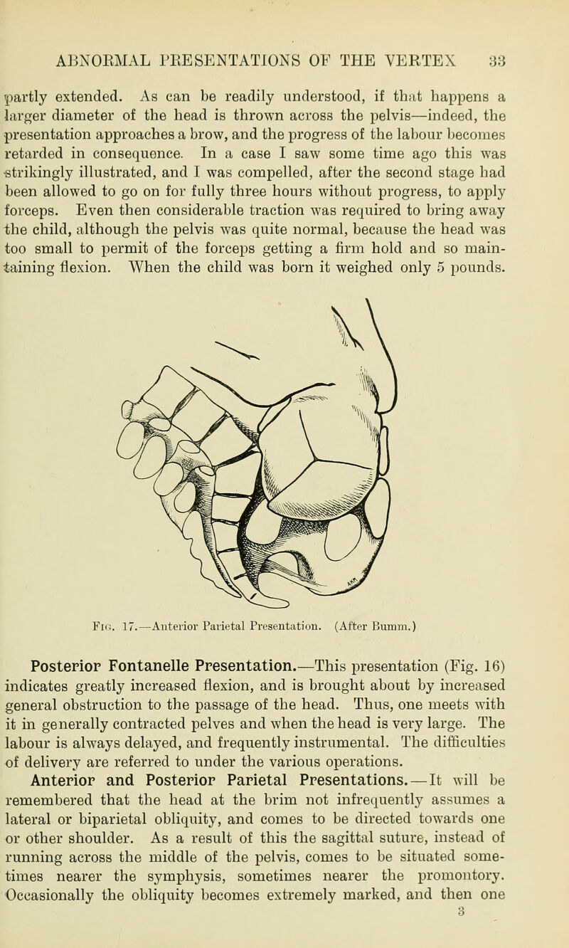 partly extended. As can be readily understood, if that happens a larger diameter of the head is thrown across the pelvis—indeed, the presentation approaches a brow, and the progress of the labour becomes retarded in consequence. In a case I saw some time ago this was -strikingly illustrated, and I was compelled, after the second stage had been allowed to go on for fully three hours without progress, to apply forceps. Even then considerable traction was required to bring away the child, although the pelvis was quite normal, because the head was too small to permit of the forceps getting a firm hold and so main- taining flexion. When the child was born it weighed only 5 pounds. FlG. 17.—Anterior Parietal Presentation. (After Bumm.) Posterior Fontanelle Presentation.—This presentation (Fig. 16) indicates greatly increased flexion, and is brought about by increased general obstruction to the passage of the head. Thus, one meets with it in generally contracted pelves and when the head is very large. The labour is always delayed, and frequently instrumental. The difficulties of delivery are referred to under the various operations. Anterior and Posterior Parietal Presentations. — It will be remembered that the head at the brim not infrequently assumes a lateral or biparietal obliquity, and comes to be directed towards one or other shoulder. As a result of this the sagittal suture, instead of running across the middle of the pelvis, comes to be situated some- times nearer the symphysis, sometimes nearer the promontory. Occasionally the obliquity becomes extremely marked, and then one