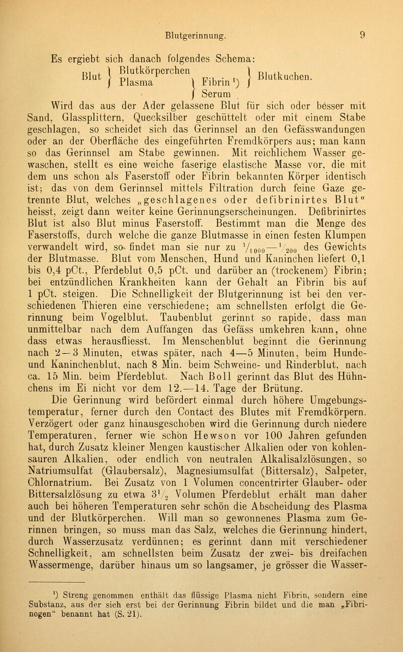 Es ergiebt sich danach folgendes Schema: D1 , 1 Blutkörperchen \ t>, ,, , Blut > -tu r . P-. . 1N > Blutkuchen. J Plasma \ ribrin1) j J Serum Wird das aus der Ader gelassene Blut für sich oder besser mit Sand, Glassplittern, Quecksilber geschüttelt oder mit einem Stabe geschlagen, so scheidet sich das Gerinnsel an den Gefässwandungen oder an der Oberfläche des eingeführten Fremdkörpers aus; man kann so das Gerinnsel am Stabe gewinnen. Mit reichlichem Wasser ge- waschen, stellt es eine weiche faserige elastische Masse vor, die mit dem uns schon als Faserstoff oder Fibrin bekannten Körper identisch ist; das von dem Gerinnsel mittels Filtration durch feine Gaze ge- trennte Blut, welches »geschlagenes oder defibrinirtes Blut heisst, zeigt dann weiter keine Gerinnungserscheinungen. Defibrinirtes Blut ist also Blut minus Faserstoff. Bestimmt man die Menge des Faserstoffs, durch welche die ganze Blutmasse in einen festen Klumpen verwandelt wird, so-findet man sie nur zu V1000 —' 2oo des Gewichts der Blutmasse. Blut vom Menschen, Hund und Kaninchen liefert 0,1 bis 0,4 pCt, Pferdeblut 0,5 pCt. und darüber an (trockenem) Fibrin; bei entzündlichen Krankheiten kann der Gehalt an Fibrin bis auf 1 pCt. steigen. Die Schnelligkeit der Blutgerinnung ist bei den ver- schiedenen Thieren eine verschiedene; am schnellsten erfolgt die Ge- rinnung beim Vogelblut. Taubenblut gerinnt so rapide, dass man unmittelbar nach dem Auffangen das Gefäss umkehren kann, ohne dass etwas herausfliesst. Im Menschenblut beginnt die Gerinnung nach 2 — 3 Minuten, etwas später, nach 4—5 Minuten, beim Hunde- und Kaninchenblut, nach 8 Min. beim Schweine- und Rinderblut, nach ca. 15 Min. beim Pferdeblut. Nach Boll gerinnt das Blut des Hühn- chens im Ei nicht vor dem 12.—14. Tage der Brütung. Die Gerinnung wird befördert einmal durch höhere Umgebungs- temperatur, ferner durch den Contact des Blutes mit Fremdkörpern. Verzögert oder ganz hinausgeschoben wird die Gerinnung durch niedere Temperaturen, ferner wie schon Hewson vor 100 Jahren gefunden hat, durch Zusatz kleiner Mengen kaustischer Alkalien oder von kohlen- sauren Alkalien, oder endlich von neutralen Alkalisalzlösungen, so Natriumsulfat (Glaubersalz), Magnesiumsulfat (Bittersalz), Salpeter, Chlornatrium. Bei Zusatz von 1 Volumen concentrirter Glauber- oder Bittersalzlösung zu etwa 31 2 Volumen Pferdeblut erhält man daher auch bei höheren Temperaturen sehr schön die Abscheidung des Plasma und der Blutkörperchen. Will man so gewonnenes Plasma zum Ge- rinnen bringen, so muss man das Salz, welches die Gerinnung hindert, durch Wasserzusatz verdünnen; es gerinnt dann mit verschiedener Schnelligkeit, am schnellsten beim Zusatz der zwei- bis dreifachen Wassermenge, darüber hinaus um so langsamer, je grösser die Wasser- ') Streng genommen enthält das flüssige Plasma nicht Fibrin, sondern eine Substanz, aus der sich erst bei der Gerinnung Fibrin bildet und die man „Fibri- nogen benannt hat (S. 21).