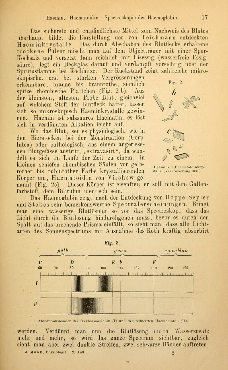 Das sicherste und empfindlichste Mittel zum Nachweis des Blutes überhaupt bildet die Darstellung der von Teichmann entdeckten Haeminkrystalle. Das durch Abschaben des Blutflecks erhaltene trockene Pulver mischt man auf dem Objectträger mit einer Spur- Kochsalz und versetzt dann reichlich mit Eisessig (wasserfreie Essig- säure), legt ein Deckglas darauf und verdampft vorsichtig über der Spiritusflamme bei Kochhitze. Der Rückstand zeigt zahlreiche mikro- skopische, erst bei starken Vergrösserungen erkennbare, braune bis braunrothe, ziemlich spitze rhombische Plättchen (Fig. 2 b). Aus der kleinsten, ältesten Probe Blut, gleichviel auf welchem Stoff der Blutfleck haftet, lassen sich so mikroskopisch Haeminkrystalle gewin- nen. Haemin ist salzsaures Haematin, es löst sich in verdünnten Alkalien leicht auf. Wo das Blut, sei es physiologisch, wie in den Eierstöcken bei der Menstruation (Corp. lutea) oder pathologisch, aus einem angerisse- nen Blutgefässe austritt, „extravasirt, da wan- delt es sich im Laufe der Zeit zu einem, in kleinen schiefen rhombischen Säulen von gelb- rother bis rubinrother Farbe krystallisirenden Körper um, Haematoidin von Virchow ge- nannt (Fig. 2c). Dieser Körper ist eisenfrei; er soll mit dem Gallen- farbstoff, dem Bilirubin identisch sein. Das Haemoglobin zeigt nach der Entdeckung von Hoppe-Seyler und Stokes sehr bemerkenswerthe Spectralerscheinungen. Bringt man eine wässerige Blutlösung so vor das Spectroskop, dass das Licht durch die Blutlösung hindurchgehen muss, bevor es durch den Spalt auf das brechende Prisma einfällt, so sieht man, dass alle Licht- arten des Sonnenspectrums mit Ausnahme des Roth kräftig absorbirt b. Haemin-, e Haematoidinkry- atalle (Vergrößerung 300.) B Fig. 3. gelb nrun \r cr/anblaio _ r\ C D Eh V 60 10 80 90 100 110 120 130 IH0 150 <■■'■! I i.ilim Ii. il Ihm Im,,I i, limlu IH Absorptionsliänder des Oxyhaemoglooin (I) und des reducirten Haemoglobin (II). werden. Verdünnt man nun die Blutlösung durch Wasserzusatz mehr und mehr, so wird das ganze Spectrum sichtbar, zugleich sieht man aber zwei dunkle Streifen, zwei schwarze Bänder auftreten, J. Munk, Physiologie. 2. Aufl. 9