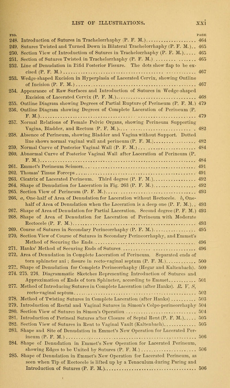 FIG. PAGE 248. Introduction of Sutures in Trachelorrhaphy (P. F. M.) 464 249. Sutures Twisted and Turned Down in Bilateral Trachelorrhaphy (P. F. M.).. 465 250. Section View of Introduction of Sutures in Trachelorrhaphy (P. F. M.) 465 251. Section of Sutures Twisted in Trachelorrhaphy (P. F. M.) 465 252. Line of Denudation in Eifid Posterior Fissure. The dots show flap to be ex- cised (P. F. M.) 467 253. Wedge-shaped Excision in Hyperplasia of Lacerated Cervix, showing Outline of Incision (P. F. M.) 467 254. Appearance of Raw Surfaces and Introduction of Sutures in Wedge-shaped Excision of Lacerated Cervix (P. F. M.) 468 255. Outline Diagram showiug Degrees of Partial Rupture of Perineum (P. F. M.) 479 256. Outline Diagram showing Degrees of Complete Laceration of Perineum (P. F. M.) , 479 257. Normal Relations of Female Pelvic Organs, showing Perineum Supporting Vagina, Bladder, and Rectum (P. F. M.) 483 258. Absence of Perineum, showing Bladder and Vagina without Support. Dotted line shows normal vaginal wall and perineum (P. F. M.) 482 259. Normal Curve of Posterior Vaginal Wall (P. F. M.) 484 260. Abnormal Curve of Posterior Vaginal Wall after Laceration of Perineum (P. F. M.) 484 261. Emmet's Perineum Scissors. 491 262. Thomas' Tissue Forceps 491 263. Cicatrix of Lacerated Perineum. Third degree (P. F. M.) 492 264. Shape of Denudation for Laceration in Fig. 263 (P. F. M.) 492 265. Section View of Perineum (P. F. M.) 493 266. a, One-half of Area of Denudation for Laceration without Rectocele. h, One- half of Area of Denudation when the Laceration is a deep one (P. F. M.).. 493 267. Shape of Area of Denudation for Partial Laceration. Second degree (P. F. M.) 493 268. Shape of Area of Denudation for Laceration of Perineum with Moderate Rectocele (P. F. M.) 493 269. Course of Sutures in Secondary Perineorrhaphy (P. F. M.) 495 270. Section View of Course of Sutures in Secondary Perineorrhaphy, and Emmet's Method of Securing the Ends 496 271. Hanks' Method of Securing Ends of Sutures 496 272. Area of Denudation in Complete Laceration of Perineum. Separated ends of torn sphincter ani ; fissure in recto-vaginal septum (P. F. M.) 500 273. Shape of Denudation for Complete Perineorrhaphy (Hegar and Kaltenbach). 500 274. 275. 276. Diagrammatic Sketches Representing Introduction of Sutures and Approximation of Ends of torn Sphincter, according to Emmet 501 277. Method of Introducing Sutures in Complete Laceration (after Hanks). R. V. S, recto-vaginal septum 502 278. Method of Twisting Sutures in Complete Laceration (after Hanks) 503 279. Introduction of Rectal and Vaginal Sutures in .Simon's Colpo-perineorrhaphy 504 280. Section View of Sutures in Simon's Operation 504 281. Introduction of Perineal Sutures after Closure of Septal Rent (P. F. M.) .505 282. Section View of Sutures in Rent to Vaginal Vault (Kaltenbach) 505 283. Shape and Site of Denudation in Emmet's New Operation for Lacerated Per- ineum (P. F. M.) 506 284. Shape of Denudation in Emmet's New Oiieration for Lacerated Perineum, showing Edges to be United by Sutures (P. F. M.) 506 285. Shape of Denudation in Emmet's New Operation for Lacerated Perineum, as seen when Tip of Rectocele is lifted up by a Tenaculum during Paring and Introduction of Sutures (P. F. M.) 506