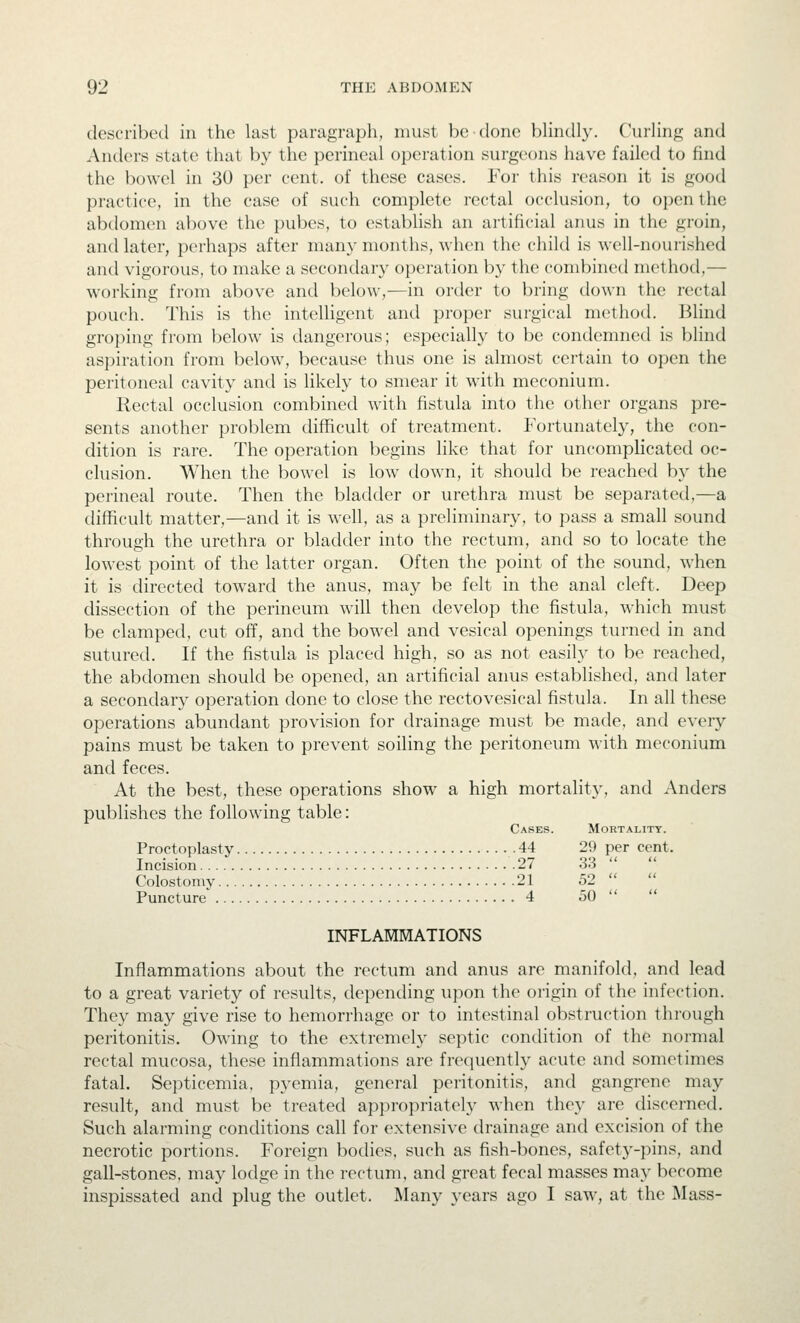 described in the last paragraph, must be done bHndly. CurHng and Anders state that by the perineal operation surgeons have failed to find the bowel in 30 per cent, of these cases. For this reason it is good practice, in the case of such complete rectal occlusion, to open the abdomen above the pubes, to establish an artificial anus in the groin, and later, perhaps after many months, when the child is well-nourished and vigorous, to make a secondar}' operation by the combined method,— working from above and below,—in order to bring down the rectal pouch. This is the intelligent and proper surgical method. Blind groping from below is dangerous; especially to be condemned is blind aspiration from below, because thus one is almost certain to open the peritoneal cavity and is likely to smear it with meconium. Rectal occlusion combined with fistula into the other organs pre- sents another problem difficult of treatment. Fortunately, the con- dition is rare. The operation begins like that for uncomplicated oc- clusion. When the bowel is low down, it should be reached by the perineal route. Then the bladder or urethra must be separated,—a difficult matter,—and it is well, as a preliminary, to pass a small sound through the urethra or bladder into the rectum, and so to locate the lowest point of the latter organ. Often the point of the sound, when it is directed toward the anus, may be felt in the anal cleft. Deep dissection of the perineum will then develop the fistula, which must be clamped, cut off, and the bowel and vesical openings turned in and sutured. If the fistula is placed high, so as not easily to be reached, the abdomen should be opened, an artificial anus established, and later a secondary operation done to close the rectovesical fistula. In all these operations abundant provision for drainage must be made, and every pains must be taken to prevent soiling the peritoneum with meconium and feces. At the best, these operations show a high mortality, and Anders publishes the following table: Cases. Mortality. Proctoplasty .44 29 per cent. Incision 27 33 Colostomy 21 52 Puncture' 4 50   INFLAMMATIONS Inflammations about the rectum and anus are manifold, and lead to a great variety of results, depending upon the origin of the infection. They may give rise to hemorrhage or to intestinal obstruction through peritonitis. Owing to the extremely septic condition of the normal rectal mucosa, these inflammations are frequently acute and sometimes fatal. Septicemia, pyemia, general peritonitis, and gangrene may result, and must be treated appropriately when they are discerned. Such alarming conditions call for extensive drainage and excision of the necrotic portions. Foreign bodies, such as fish-bones, safety-pins, and gall-stones, may lodge in the rectum, and great fecal masses may become inspissated and plug the outlet. Many years ago I saw, at the ]\Iass-