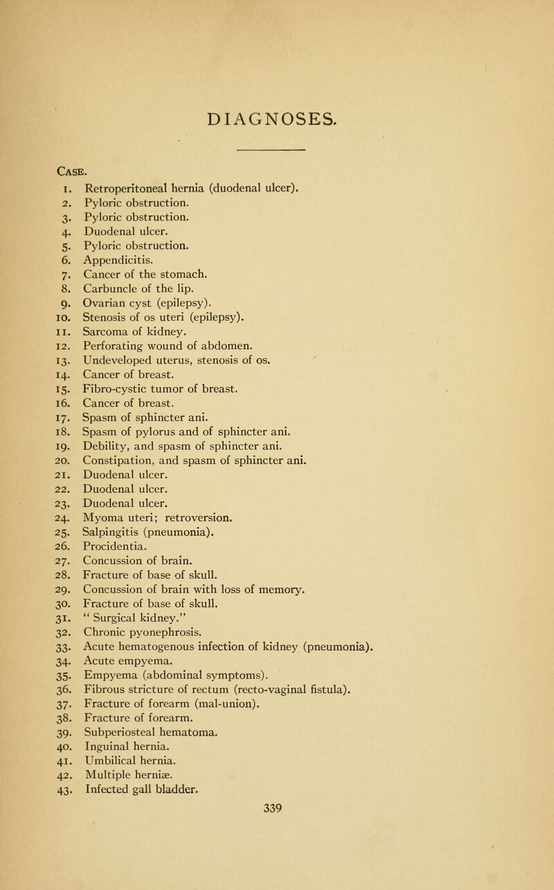 Case. 1. Retroperitoneal hernia (duodenal ulcer). 2. Pyloric obstruction. 3. Pyloric obstruction. 4. Duodenal ulcer. 5. Pyloric obstruction. 6. Appendicitis. 7. Cancer of the stomach. 8. Carbuncle of the lip. 9. Ovarian cyst (epilepsy). 10. Stenosis of os uteri (epilepsy). 11. Sarcoma of kidney. 12. Perforating wound of abdomen. 13. Undeveloped uterus, stenosis of os. 14. Cancer of breast. 15. Fibro-cystic tumor of breast. 16. Cancer of breast. 17. Spasm of sphincter ani. 18. Spasm of pylorus and of sphincter ani. 19. Debility, and spasm of sphincter ani. 20. Constipation, and spasm of sphincter ani. 21. Duodenal ulcer. 22. Duodenal ulcer. 23. Duodenal ulcer. 24. Myoma uteri; retroversion. 25. Salpingitis (pneumonia). 26. Procidentia. 27. Concussion of brain. 28. Fracture of base of skull. 29. Concussion of brain with loss of memory. 30. Fracture of base of skull. 31. Surgical kidney. 32. Chronic pyonephrosis. 33. Acute hematogenous infection of kidney (pneumonia). 34. Acute empyema. 35. Empyema (abdominal symptoms). 36. Fibrous stricture of rectum (recto-vaginal fistula). 37. Fracture of forearm (mal-union). 38. Fracture of forearm. 39. Subperiosteal hematoma. 40. Inguinal hernia. 41. Umbilical hernia. 42. Multiple herniae. 43. Infected gall bladder.
