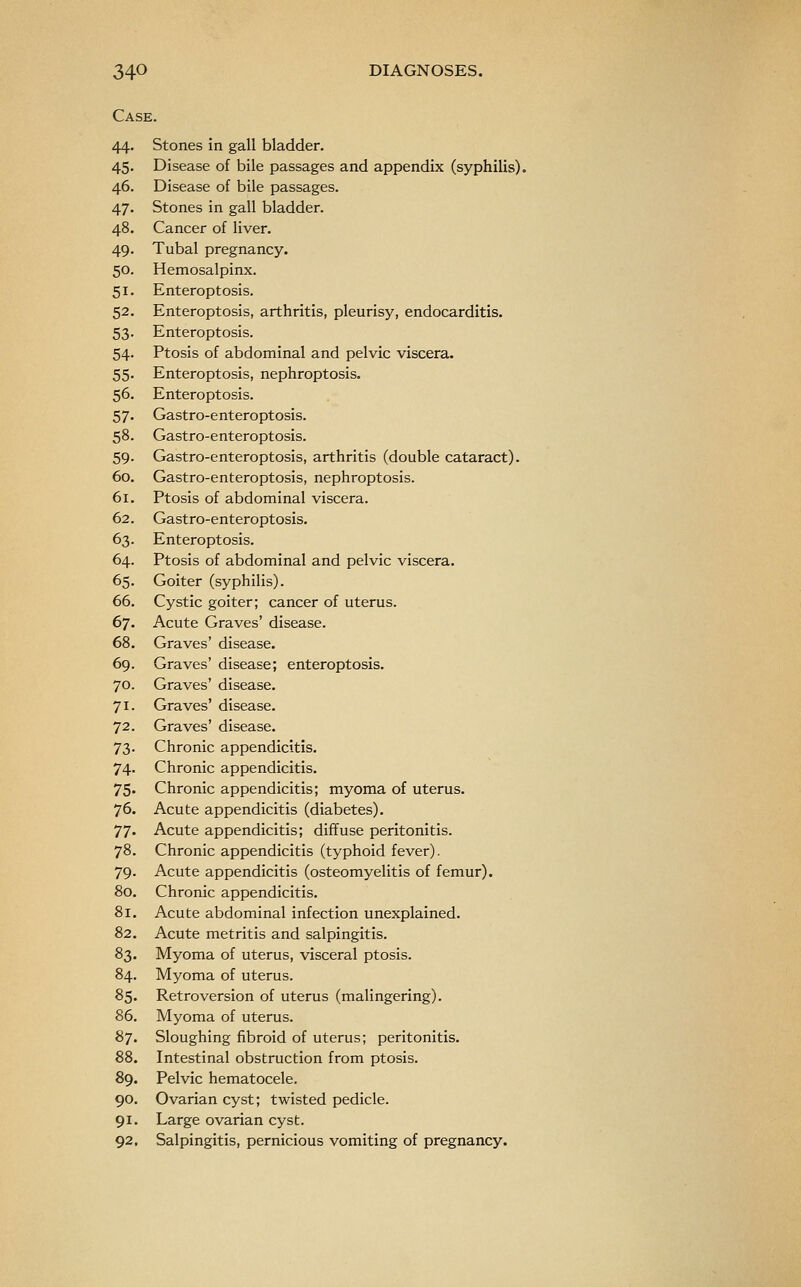 Case. 44. Stones in gall bladder. 45. Disease of bile passages and appendix (syphilis). 46. Disease of bile passages. 47. Stones in gall bladder. 48. Cancer of liver. 49. Tubal pregnancy. 50. Hemosalpinx. 51. Enteroptosis. 52. Enteroptosis, arthritis, pleurisy, endocarditis. 53. Enteroptosis. 54. Ptosis of abdominal and pelvic viscera. 55. Enteroptosis, nephroptosis. 56. Enteroptosis. 57. Gastro-enteroptosis. 58. Gastro-enteroptosis. 59. Gastro-enteroptosis, arthritis (double cataract). 60. Gastro-enteroptosis, nephroptosis. 61. Ptosis of abdominal viscera. 62. Gastro-enteroptosis. 63. Enteroptosis. 64. Ptosis of abdominal and pelvic viscera. 65. Goiter (syphilis). 66. Cystic goiter; cancer of uterus. 67. Acute Graves' disease. 68. Graves' disease. 69. Graves' disease; enteroptosis. 70. Graves' disease. 71. Graves' disease. 72. Graves' disease. 73. Chronic appendicitis. 74. Chronic appendicitis. 75. Chronic appendicitis; myoma of uterus. 76. Acute appendicitis (diabetes). 77> Acute appendicitis; diffuse peritonitis. 78. Chronic appendicitis (typhoid fever). 79. Acute appendicitis (osteomyelitis of femur). 80. Chronic appendicitis. 81. Acute abdominal infection unexplained. 82. Acute metritis and salpingitis. 83. Myoma of uterus, visceral ptosis. 84. Myoma of uterus. 85. Retroversion of uterus (malingering). 86. Myoma of uterus. 87. Sloughing fibroid of uterus; peritonitis. 88. Intestinal obstruction from ptosis. 89. Pelvic hematocele. 90. Ovarian cyst; twisted pedicle. 91. Large ovarian cyst. 92. Salpingitis, pernicious vomiting of pregnancy.