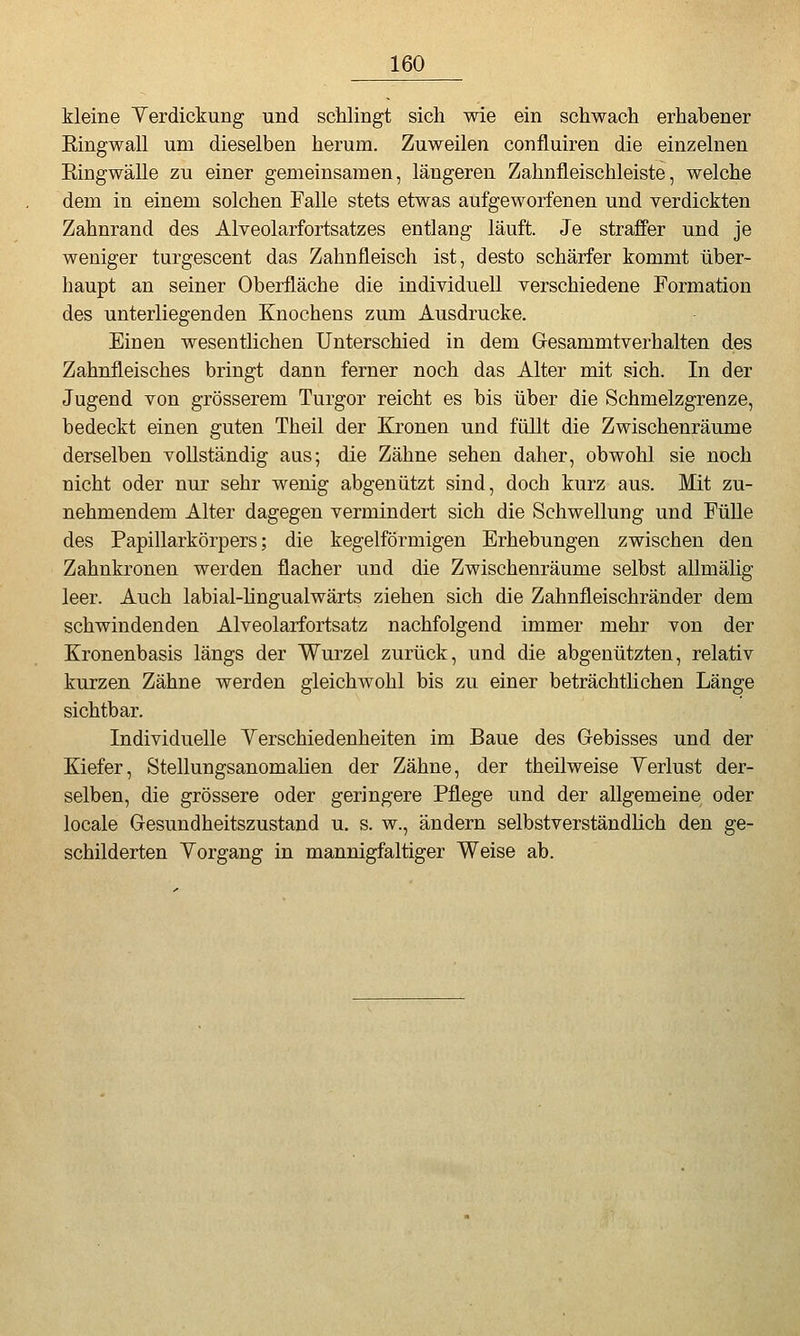 kleine Yerdickung und schlingt sich wie ein schwach erhabener Eingwall um dieselben herum. Zuweilen confluiren die einzelnen Eingwälle zu einer gemeinsamen, längeren Zahnfleischleiste, welche dem in einem solchen Falle stets etwas aufgeworfenen und verdickten Zahnrand des Alveolarfortsatzes entlang läuft. Je straffer und je weniger turgescent das Zahnfleisch ist, desto schärfer kommt über- haupt an seiner Oberfläche die individuell verschiedene Formation des unterliegenden Knochens zum Ausdrucke. Einen wesentlichen Unterschied in dem Gesammtverhalten des Zahnfleisches bringt dann ferner noch das Alter mit sich. In der Jugend von grösserem Turgor reicht es bis über die Schmelzgrenze, bedeckt einen guten Theil der Kronen und füllt die Zwischenräume derselben vollständig aus; die Zähne sehen daher, obwohl sie noch nicht oder nur sehr wenig abgenützt sind, doch kurz aus. Mit zu- nehmendem Alter dagegen vermindert sich die Schwellung und FüUe des Papillarkörpers; die kegelförmigen Erhebungen zwischen den Zahnkronen werden flacher und die Zwischenräume selbst allmälig leer. Auch labial-hngualwärts ziehen sich die Zahnfleischränder dem schwindenden Alveolarfortsatz nachfolgend immer mehr von der Kronenbasis längs der Wurzel zurück, und die abgenützten, relativ kurzen Zähne werden gleichwohl bis zu einer beträchtlichen Länge sichtbar. Individuelle Yerschiedenheiten im Baue des Gebisses und der Kiefer, Stellungsanomahen der Zähne, der theilweise Yerlust der- selben, die grössere oder geringere Pflege und der allgemeine oder locale Gesundheitszustand u. s. w., ändern selbstverständlich den ge- schilderten Vorgang in mannigfaltiger Weise ab.