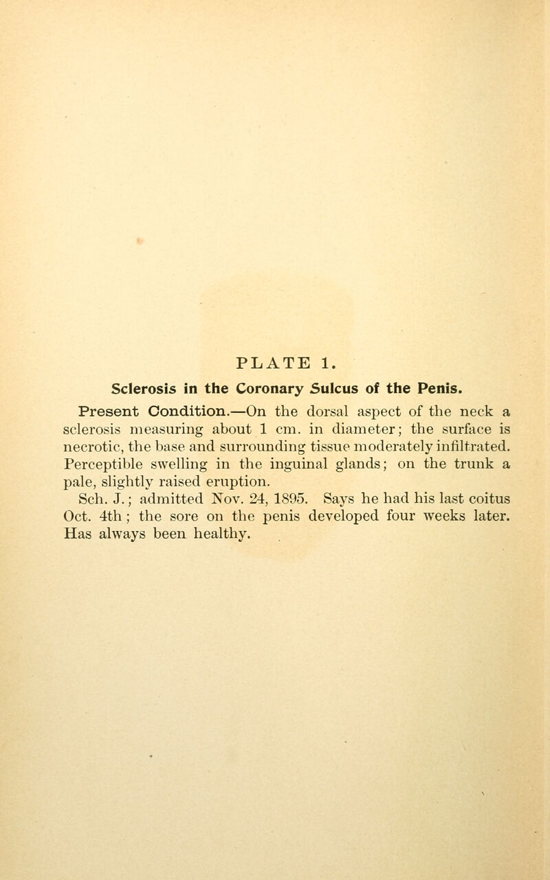 PLATE 1. Sclerosis in the Coronary Sulcus of the Penis. Present Condition.—On the dorsal aspect of the neck a sclerosis measuring about 1 cm, in diameter; the surface is necrotic, the base and surrounding tissue moderately infiltrated. Perceptible swelling in the inguinal glands; on the trunk a pale, slightly raised eruption. Sch. J.; admitted Nov. 24, 1895. Says he had his last coitus Oct. 4th; the sore on the penis developed four weeks later. Has always been healthy.