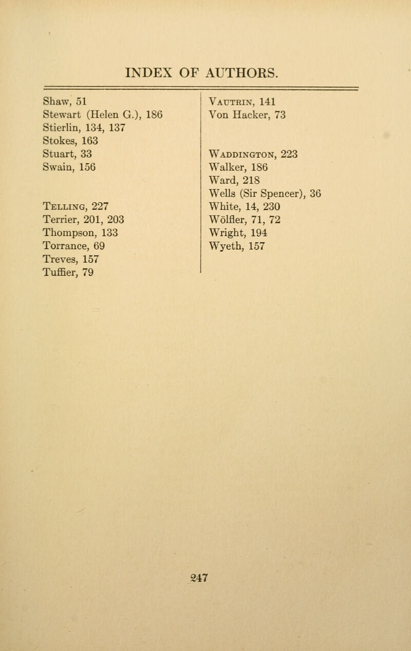 Shaw, 51 Vautrin, 141 Stewart (Helen G.), 186 Von Hacker, 73 Stierlin, 134, 137 Stokes, 163 Stuart, 33 Waddington, 223 Swain, 156 Walker, 186 Ward, 218 Wells (Sir Spencer), 36 Telling, 227 White, 14, 230 Terrier, 201, 203 Wolfler, 71, 72 Thompson, 133 Wright, 194 Torrance, 69 Wyeth, 157 Treves, 157 Tuffier, 79