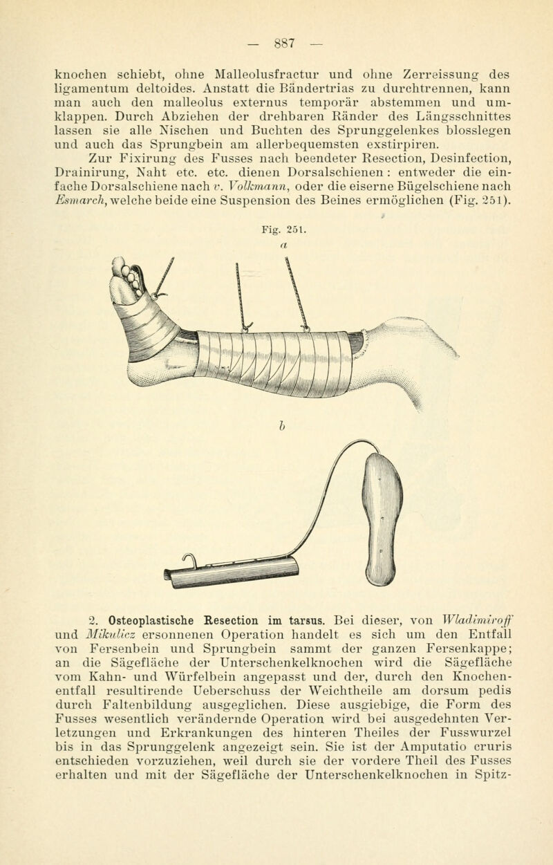 knochen schiebt, ohne Malleolusfractur und ohne Zerreissung des ligamentum deltoides. Anstatt die Bändertrias zu durehtrennen, kann man auch den malleolus externus temporär abstemmen und um- klappen. Durch Abziehen der drehbaren Ränder des Längsschnittes lassen sie alle Nischen und Buchten des Sprunggelenkes biossiegen und auch das Sprungbein am allerbequemsten exstirpiren. Zur Fixirung des Fusses nach beendeter Resection, Desinfection, Drainirung, Naht etc. etc. dienen Dorsalschienen : entweder die ein- fache Dorsalschiene nach v. Volkmann, oder die eiserne Bügelschiene nach £s»/arcÄ, welche beide eine Suspension des Beines ermöglichen (Fig. 251). Fig. 251. 2. Osteoplastische Resection im tarsus. Bei dieser, von Wladimiroff und Mikulicz ersonnenen Operation handelt es sich um den Entfall von Fersenbein und Sprungbein sammt der ganzen Fersenkappe; an die Sägefläche der Unterschenkelknochen wird die Sägefläche vom Kahn- und Würfelbein angepasst und der, durch den Knochen- entfall resultirende Ueberschuss der Weichtheile am dorsum pedis durch Faltenbildung ausgeglichen. Diese ausgiebige, die Form des Fusses wesentlich verändernde Operation wird bei ausgedehnten Ver- letzungen und Erkrankungen des hinteren Theiles der Fusswurzel bis in das Sprunggelenk angezeigt sein. Sie ist der Amputatio cruris entschieden vorzuziehen, weil durch sie der vordere Theil des Fusses erhalten und mit der Sägefläche der Unterschenkelknochen in Spitz-