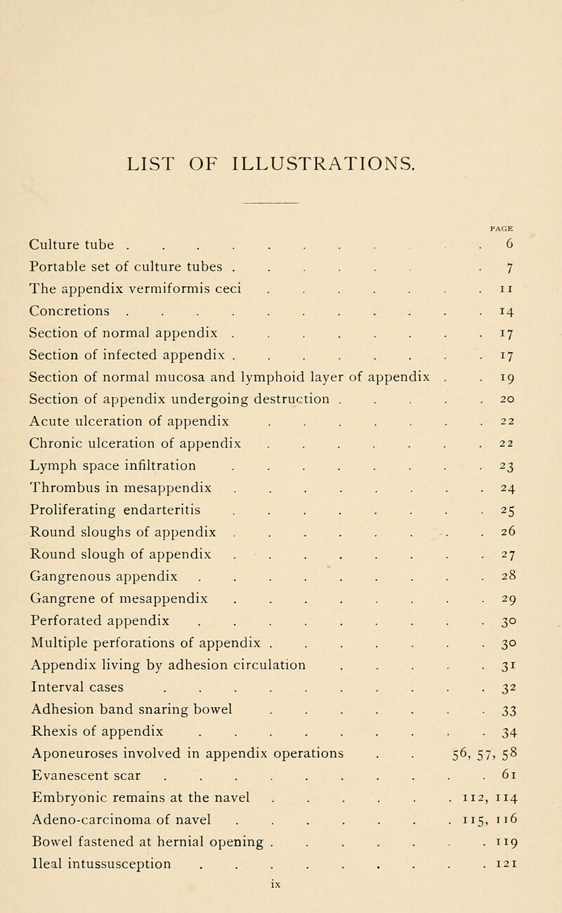 LIST OF ILLUSTRATIONS. Culture tube .... Portable set of culture tubes . The appendix vermiformis ceci Concretions .... Section of normal appendix . Section of infected appendix . Section of normal mucosa and lymphoid laye Section of appendix undergoing destruction Acute ulceration of appendix Chronic ulceration of appendix Lymph space infiltration Thrombus in mesappendix Proliferating endarteritis Round sloughs of appendix Round slough of appendix Gangrenous appendix Gangrene of mesappendix Perforated appendix Multiple perforations of appendix . Appendix living by adhesion circulation Interval cases ..... Adhesion band snaring bowel Rhexis of appendix .... Aponeuroses involved in appendix operations Evanescent scar Embryonic remains at the navel Adeno-carcinoma of navel Bowel fastened at hernial opening Ileal intussusception of appendix PAGE 6 7 ii 14 17 17 19 20 22 22 23 24 25 26 27 28 29 3° 30 3i 32 33 34 56, 57, 58 . 61 112, 114 115, 116 • 119 . 121