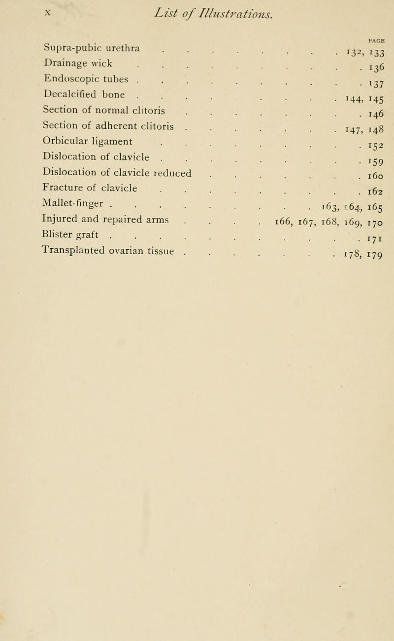 Supra-pubic urethra Drainage wick Endoscopic tubes . Decalcified bone . Section of normal clitoris Section of adherent clitoris Orbicular ligament Dislocation of clavicle . Dislocation of clavicle reduced Fracture of clavicle Mallet-finger . Injured and repaired arms Blister graft . Transplanted ovarian tissue PAGE '32, 133 • I36 • 137 M4, 145 . 146 147, 148 • *52 • 159 . 160 . 162 163, r.64, 165 166, 167, 168, 169, 170 • 171 178, 179