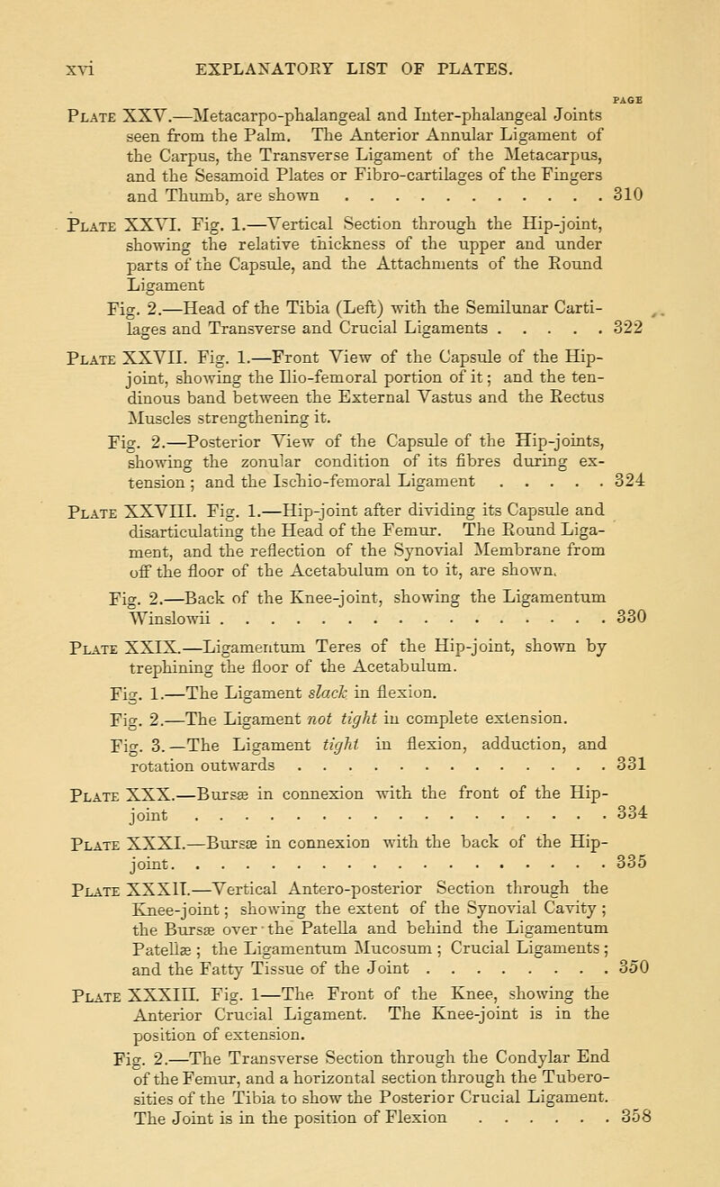 PAGE Plate XXV.—Metacarpo-plialangeal and luter-phalangeal Joints seen from the Palm. The Anterior Annular Ligament of the Carpus, the Transverse Ligament of the Metacarpus, and the Sesamoid Plates or Fibro-cartilages of the Fingers and Thumb, are shown 310 Plate XXYI. Fig. 1.—Vertical Section through the Hip-joint, showing the relative thickness of the upper and under parts of the Capsule, and the Attachments of the Pound Ligament Fig. 2.—Head of the Tibia (Left) with the Semilunar Carti- lages and Transverse and Crucial Ligaments 322 Plate XXVIl. Fig. 1.—Front View of the Capsule of the Hip- joint, shoAving the Ilio-femoral portion of it; and the ten- dinous band between the External Vastus and the Pectus Muscles strengthening it. Fig. 2.—Posterior View of the Capsule of the Hip-joints, showing the zonular condition of its fibres during ex- tension ; and the Ischio-femoral Ligament 324 Plate XXVHL Fig. 1.—Hip-joint after dividing its Capsule and disarticulating the Head of the Femur. The Pound Liga- ment, and the reflection of the Synovial Membrane from off the floor of the Acetabulum on to it, are shown, Fio. 2.—Back of the Knee-joint, showing the Ligamentum Winslomi 330 Plate XXIX.—Ligamentum Teres of the Hip-joint, shown by- trephining the floor of the Acetabulum. Fig. 1.—The Ligament slacJc in flexion. Fio-. 2.—The Ligament not tight in complete extension, fio-. 3. —The Ligament tight in flexion, adduction, and rotation outwards 331 Plate XXX.—Burs« in connexion with the front of the Hip- joint 334 Plate XXXI.—Burs^ in connexion with the back of the Hip- joint 335 Plate XXXII.—Vertical Antero-posterior Section through the Knee-joint; showing the extent of the Synovial Cavity ; the Bursse over the PateUa and behind the Ligamentum PateU^ ; the Ligamentum Mucosum ; Crucial Ligaments ; and the Fatty Tissue of the Joint 350 Plate XXXIH. Fig. 1—The Front of the Knee, showing the Anterior Crucial Ligament. The Knee-joint is in the position of extension. Ficr. 2.—The Transverse Section through the Condylar End of the Femur, and a horizontal section through the Tubero- sities of the Tibia to show the Posterior Crucial Ligament. The Joint is in the position of Flexion 358