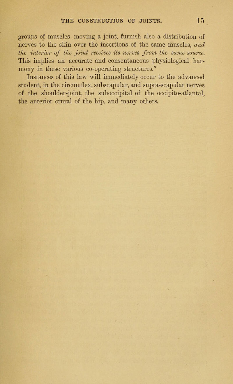 groups of nmscles moving a joint, furnish also a distribution of nerves to the skin over the insertions of the same muscles, and the interior of the joint receives its nerves from the same source. This implies an accurate and consentaneous physiological har- mony in these various co-operating structures. Instances of this law will immediately occur to the advanced student, in the circumflex, subscapular, and supra-scapular nerves of the shoulder-joint, the suboccipital of the occipito-atlantal, the anterior crural of the hip, and many others.