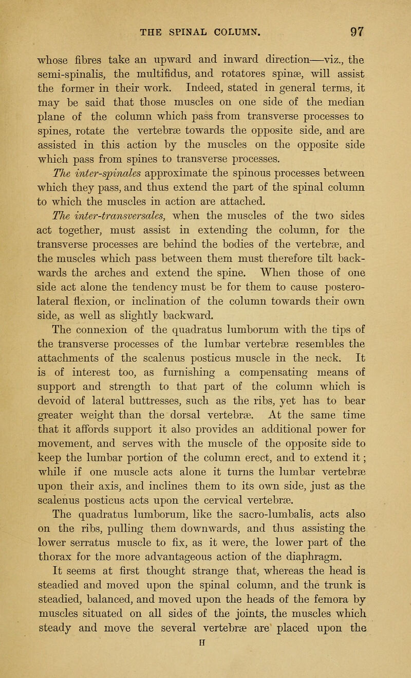 whose fibres take an upward and inward direction—^viz., the semi-spinalis, the multifidus, and rotatores spinse, will assist the former in their work. Indeed, stated in general terms, it may be said that those muscles on one side of the median plane of the column which pass from transverse processes to spines, rotate the vertebrae towards the opposite side, and are assisted in this action by the muscles on the opposite side which pass from spines to transverse processes. The inter-spinales approximate the spinous processes between which they pass, and thus extend the part of the spinal column to which the muscles in action are attached. The inter-transversales, when the muscles of the two sides act together, must assist in extending the column, for the transverse processes are behind the bodies of the vertebrse, and the muscles which pass between them must therefore tilt back- wards the arches and extend the spine. When those of one side act alone the tendency must be for them to cause postero- lateral flexion, or inclination of the column towards their own side, as well as slightly backward. The connexion of the quadratus lumborum with the tips of the transverse processes of the lumbar vertebrae resembles the attachments of the scalenus posticus muscle in the neck. It is of interest too, as furnishing a compensating means of support and strength to that part of the column which is devoid of lateral buttresses, such as the ribs, yet has to bear greater weight than the dorsal vertebrae. At the same time that it affords support it also provides an additional power for movement, and serves with the muscle of the opposite side to keep the Irunbar portion of the column erect, and to extend it; while if one muscle acts alone it turns the lumbar vertebrae upon their axis, and inclines them to its own side, just as the scalenus posticus acts upon the cervical vertebrae. The quadratus lumborum, like the sacro-lumbalis, acts also on the ribs, pulling them downwards, and thus assisting the lower serratus muscle to fix, as it were, the lower part of the thorax for the more advantageous action of the diaphragm. It seems at first thought strange that, whereas the head is steadied and moved upon the spinal column, and the trunk is steadied, balanced, and moved upon the heads of the femora by muscles situated on all sides of the joints, the muscles which steady and move the several vertebrae are placed upon the II