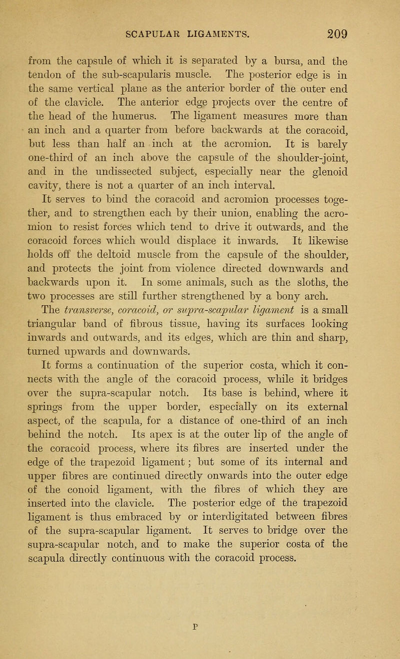 from the capsule of wMch it is separated by a bursa, and the tendon of the sub-scapularis muscle. The posterior edge is in the same vertical plane as the anterior border of the outer end of the cla\dcle. The anterior edge projects over the centre of the head of the humerus. The ligament measures more than an inch and a quarter from before backwards at the coracoid, but less than half an inch at the acromion. It is barely one-third of an inch above the capsule of the shoulder-joint, and in the undissected subject, especially near the glenoid cavity, there is not a quarter of an inch interval. It serves to bind the coracoid and acromion processes toge- ther, and to strengthen each by their union, enabling the acro- mion to resist forces wliich tend to drive it outwards, and the coracoid forces which would displace it inwards. It likewise holds off the deltoid muscle from the capsule of the shoulder, and protects the joint fr^om violence directed downwards and backwards upon it. In some animals, such as the sloths, the two processes are still further strengthened by a bony arch. The transverse, coracoid, or supra-scapular ligament is a small triangular band of fibrous tissue, having its surfaces looking inwards and outwards, and its edges, wMch are thin and sharp, turned upwards and downwards. It forms a continuation of the superior costa, which it con- nects with the angle of the coracoid process, while it bridges over the supra-scapular notch. Its base is behind, where it springs fr^om the upper border, especially on its external aspect, of the scapula, for a distance of one-third of an inch behind the notch. Its apex is at the outer lip of the angle of the coracoid process, where its fibres are inserted under the edge of the trapezoid ligament; but some of its internal and upper fibres are continued directly onwards into the outer edge of the conoid ligament, with the fibres of which they are inserted into the clavicle. The posterior edge of the trapezoid ligament is thus embraced by or interdigitated between fibres of the supra-scapular ligament. It serves to bridge over the supra-scapular notch, and to make the superior costa of the scapula directly continuous with the coracoid process.