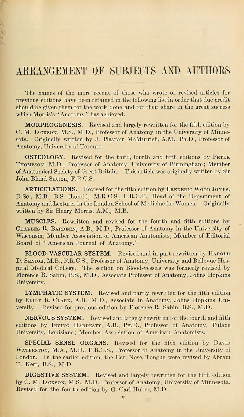 AREANGEMENT OF SUBJECTS AND AUTHORS The names of the more recent of those who wrote or revised articles for previous editions have been retained in the following list in order that due credit should be given them for the work done and for their share in the great success which Morris's Anatomy has achieved. MORPHOGENESIS. Revised and largely rewritten for the fifth edition by C. M. Jackson, M.S., M.D., Professor of Anatomy in the University of Minne- sota. Originally written by J. Playfair McMurrich, A.M., Ph.D., Professor of Anatomy, University of Toronto. OSTEOLOGY. Revised for the third, fourth and fifth editions by Peter Thompson, M.D., Professor of Anatomy, University of Birmingham; Member of Anatomical Society of Great Britain. This article was originally written by Sir John Bland Sutton, F.R.C.S. ARTICULATIONS. Revised for the fifth edition by Frederic Wood Jones, D.Sc, M.B., B.S. (Lond.), M.R.C.S., L.R.C.P., Head of the Department of Anatomy and Lecturer in the London School of Medicine for Women. Originally written by Su- Henry Morris, A.M., M.B. MUSCLES. Rewritten and revised for the fourth and fifth editions by Charles R. Bardeen, A.B., M.D., Professor of Anatomy in the University of Wisconsin; Member Association of American Anatomists; Member of Editorial Board of American Journal of Anatomy. BLOOD-VASCULAR SYSTEM. Revised and in part rewritten by Harold D. Senior, M.B., F.R.C.S., Professor of Anatomy, University and Bellevue Hos- pital Medical College. The section on Blood-vessels was formerly revised by Florence R. Sabin, B.S., M.D., Associate Professor of Anatomy, Johns Hopkins University. LYMPHATIC SYSTEM. Revised and partly rewritten for the fifth edition by Eliot R. Clark, A.B., M.D., Associate in Anatomy, Johns Hopkins Uni- versity. Revised for previous edition by Florence R. Sabin, B.S., M.D. NERVOUS SYSTEM. Revised and largely rewritten for the fourth and fifth editions by Irving Hardesty, A.B., Ph.D., Professor of Anatomy, Tulane University, Louisiana; Member Association of American Anatomists. SPECIAL SENSE ORGANS. Revised for the fifth edition by David Waterston, M.A., M.D., F.R.C.S., Professor of Anatomy in the University of London. In the earlier edition, the Ear, Nose, Tongue were revised by Abram T. Kerr, B.S., M.D. DIGESTIVE SYSTEM. Revised and largely rewritten for the fifth edition by C. M. Jackson, M.S., M.D., Professor of Anatomy, LTniversity of Minnesota. Revised for the fourth edition by G. Carl Huber, M.D.