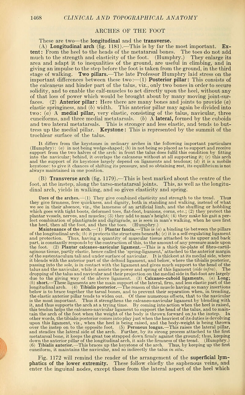 ARCHES OF THE FOOT These are two—the longitudinal and the transverse. (A) Longitudinal arch (fig. 1181).—This is by far the most important. Ex- tent : From the heel to the heads of the metatarsal bones. The toes do not add much to the strength and elasticity of the foot. (Humphry.) They enlarge its area and adapt it to inequalities of the ground, are useful in climbing, and in giving an impulse to the step before the foot is taken from the ground, in the third stage of walking. Two pillars.—The late Professor Humphry laid stress on the important differences between these two:—(1) Posterior pillar: This consists of the calcaneus and hinder part of the talus, viz., only two bones in order to secure solidity, and to enable the calf-muscles to act directly upon the heel, without any of that loss of power which would be brought about by many moving joint-sur- faces. (2) Anterior pillar: Here there are many bones and joints to provide (a) elastic springiness, and (6) width. This anterior pillar may again be divided into two: (a) A medial pillar, very elastic, consisting of the talus, navicular, three cuneiforms, and three medial metatarsals. (6) A lateral, formed by the cuboids and two lateral metatarsals. This is stronger and less elastic, and tends to but- tress up the medial pillar. Keystone: This is represented by the summit of the trochlear surface of the talus. It differs from the keystones in ordinary arches in the following important particulars (Humphry): (a) in not being wedge-shaped; (6) in not being so placed as to support and receive support from the two halves of the arch: in front the talus does fulfil this condition by fitting into the navicular; behind, it overlaps the calcaneus without at all supporting it; (c) this arch and the support of its keystone largely depend on ligaments and tendons; (d) it is a mobile keystone: to give it chances of shifting its pressure, and so obtaining rest, its equilibrium is not always maintained in one position. (B) Transverse arch (fig. 1179).—This is best marked about the centre of the foot, at the instep, along the tarso-metatarsal joints. This, as well as the longitu- dinal arch, yields in walking, and so gives elasticity and spring. Uses of the arches.—(1) They give combined elasticity and strength to the tread. Thus they give firmness, free quickness, and dignity, both in standing and walking, instead of what we see in their absence, viz., the lameness of an artificial limb, and the shufHing or hobbhng which goes with tight boots, deformed toes, flat-foot, bunions, corns, etc.; (2) they protect the plantar vessels, nerves, and muscles; (3) they add to man's height; (4) they make his gait a per- fect combination of plantigrade and digitigrade, as is seen in man's walking, when he uses first the heel, then all the foot, and then the toes. (Hiimphry.) Maintenance of the arch.—(1) Plantar fascia.—-This is (a) a binding tie between the pillars of the longitudinal arch; (6) it protects the structures beneath; (c) it is a self-regulating ligament and protection. Thus, having a quantity of muscular tissue attached to its upper and back part, is constantly responds by the contraction of this, to the amount of any pressure made upon the foot. (2) Plantar calcaneo-navicular ligament.—This is a thick tie-plate of fibro-cartil- aginous tissue, partly elastic, hence called the 'spring-ligament,' attached to the anterior margin of the sustentaculum tali and under surface of navicular. It is thickest at its medial side, where it blends with the anterior part of the deltoid ligament, and below, where the tibialis posterior, passing into the sole, is in contact with the ligament and gives much support to the head of the talus and the navicular, while it assists the power and spring of this ligament {vide infra). The dropping of the talus and navicular and their projection on the medial side in flat-foot are largely due to the giving way of the above ligament. (3) Calcaneo-cuboid ligaments, (o) Long; (b) short.—'These ligaments are the main support of the lateral, firm, and less elastic part of the longitudinal arch. (4) Tibialis posterior.—The reason of this muscle having so many insertions below is to brace together the tarsal bones, and to prevent their separation when, in treading, the elastic anterior pillar tends to widen out. Of these numerous offsets, that to the navicular is the most important. Thus it strengthens the calcaneo-navicular ligament by blending with it, and thus supports the arch at a trying time. By coming into action when the heel is raised, this tendon helps the calcaneo-navicular ligament to support the head of the talus, and to main- tain the arch of the foot when the weight of the body is thrown forward on^to the instep. In other words, the tibialis posterior comes into play just when the heaviest of its duties is devolving upon this ligament, viz., when the heel is being raised, and the body-weight is being thrown over the instep on to the opposite foot. (5) Peroneus longus.—This raises the lateral pillar, and steadies the lateral side of the arch. Further, by its strong process attached to the first metatarsal bone, it keeps the great toe strapped down firmly against the ground; thus, keeping down the anterior pillar of the longitudinal arch, it aids the firmness of the tread. (Humphry.) (6) Tibialis anterior.—This braces up the keystone of the arch. Thus, by keeping up the first cuneiform, it maintains the navicular, and so indirectly the talus in situ. Fig. 1172 will remind the reader of the arrangement of the superficial lym- phatics of the lower extremity. These follow chiefly the saphenous veins, and enter the inguinal nodes, except those from the lateral aspect of the heel which